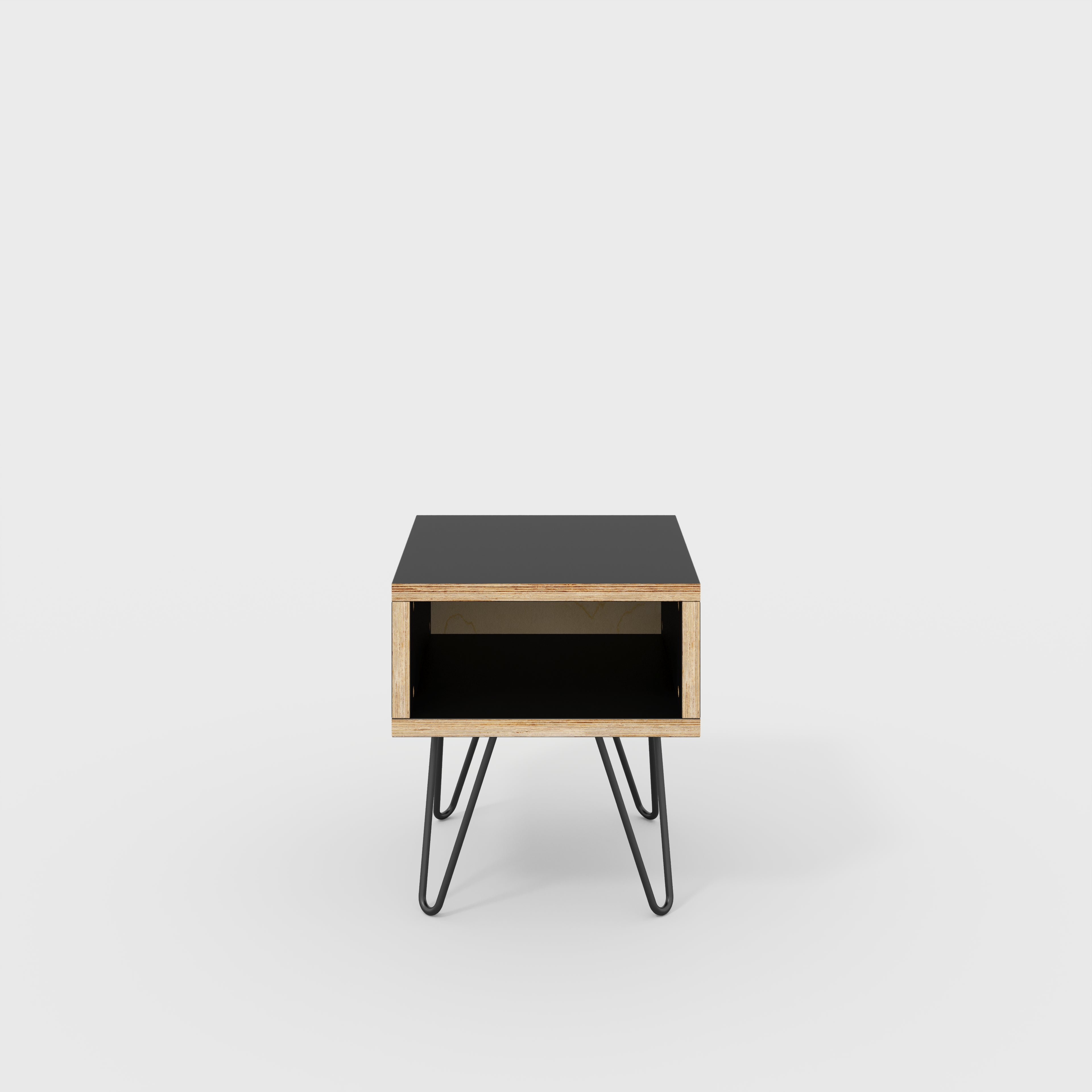 Plywood Bedside Table with Box Storage and Black Hairpin Legs - Formica Diamond Black - 400(w) x 400(d) x 450(h)