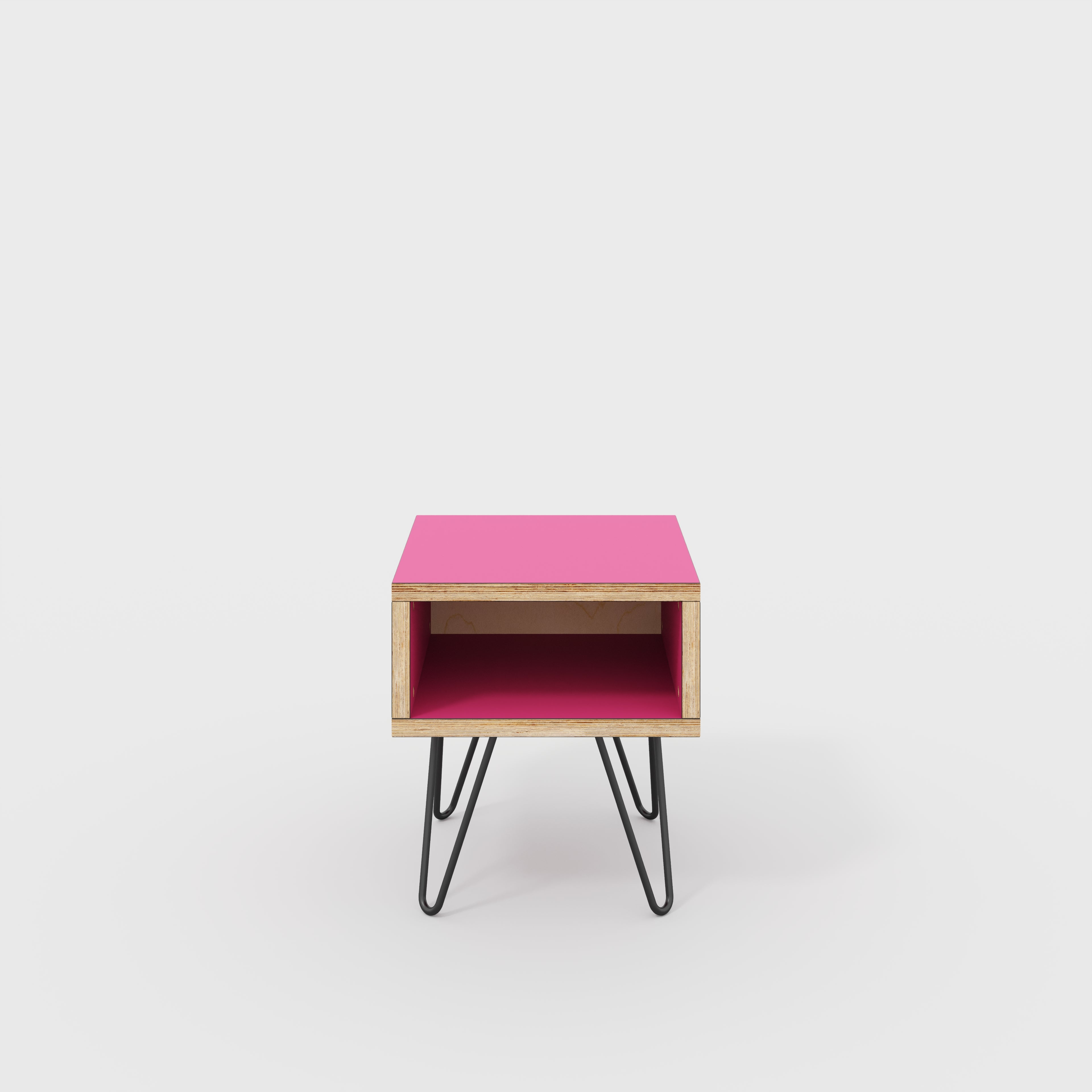 Plywood Bedside Table with Box Storage and Black Hairpin Legs - Formica Juicy Pink - 400(w) x 400(d) x 450(h)