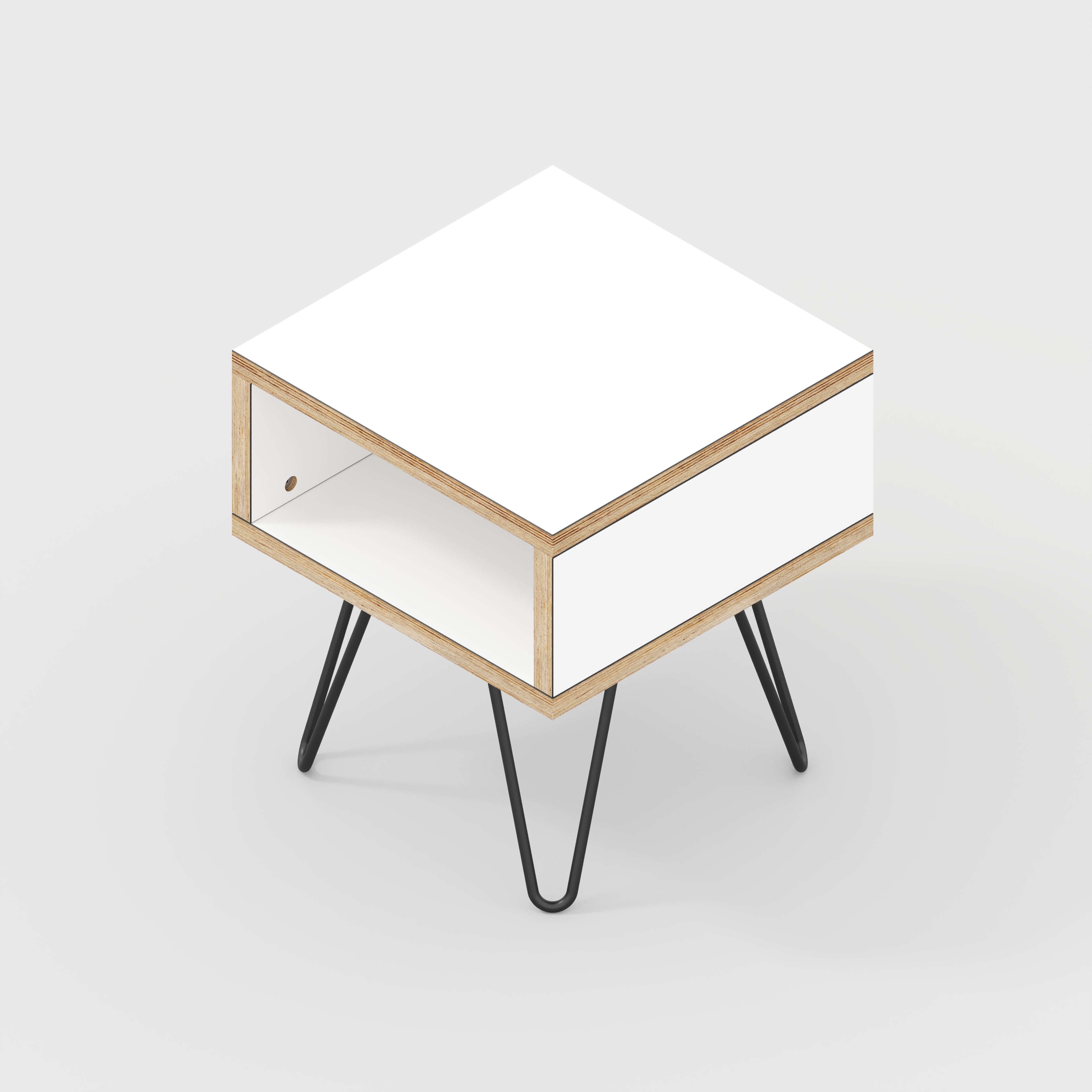 Plywood Bedside Table with Box Storage and Black Hairpin Legs - Formica White - 400(w) x 400(d) x 450(h)