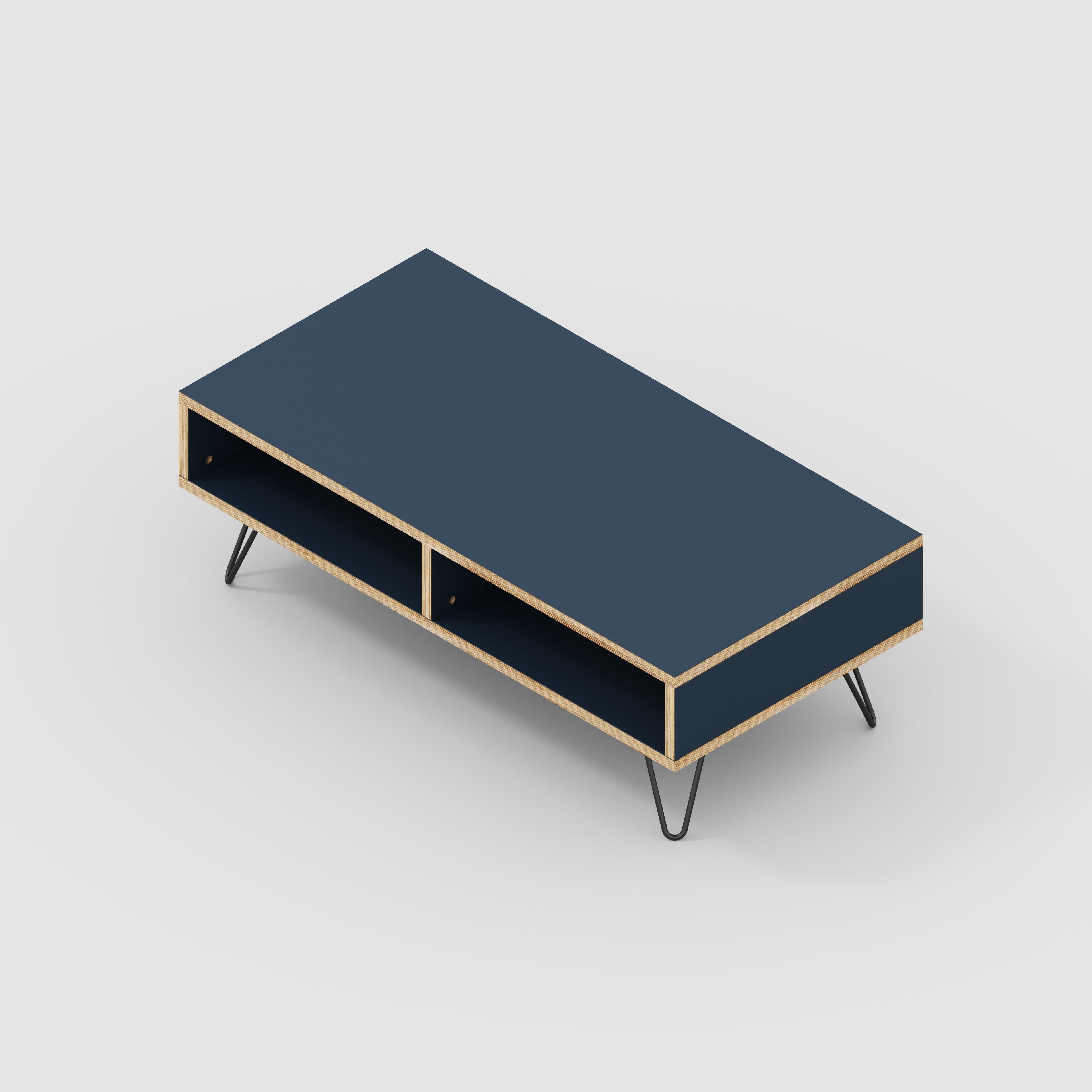 Plywood Coffee Table with Box Storage and Black Hairpin Legs - Formica Night Sea Blue - 1200(w) x 600(d) x 400(h)