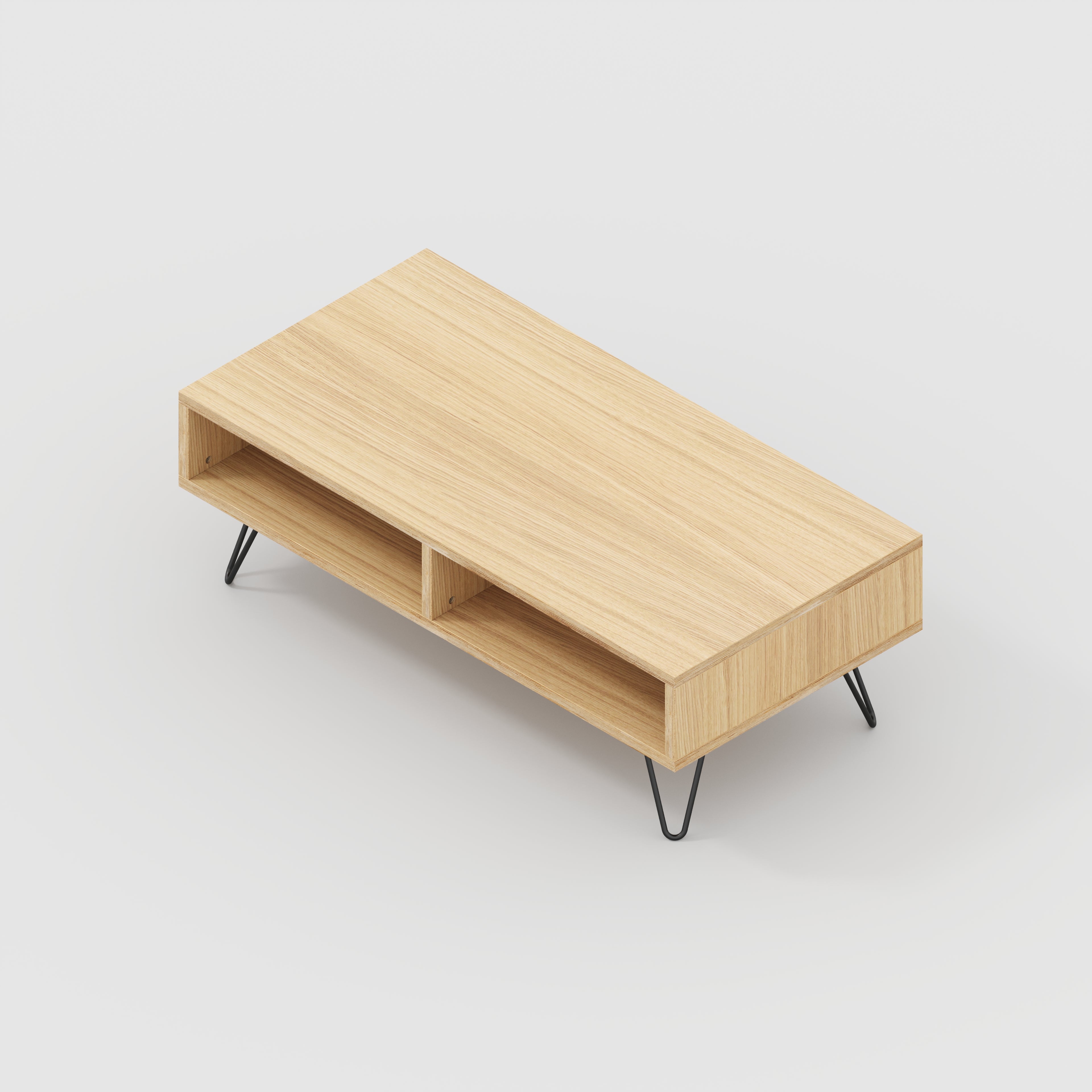 Plywood Coffee Table with Box Storage and Black Hairpin Legs - Plywood Oak - 1200(w) x 600(d) x 400(h)