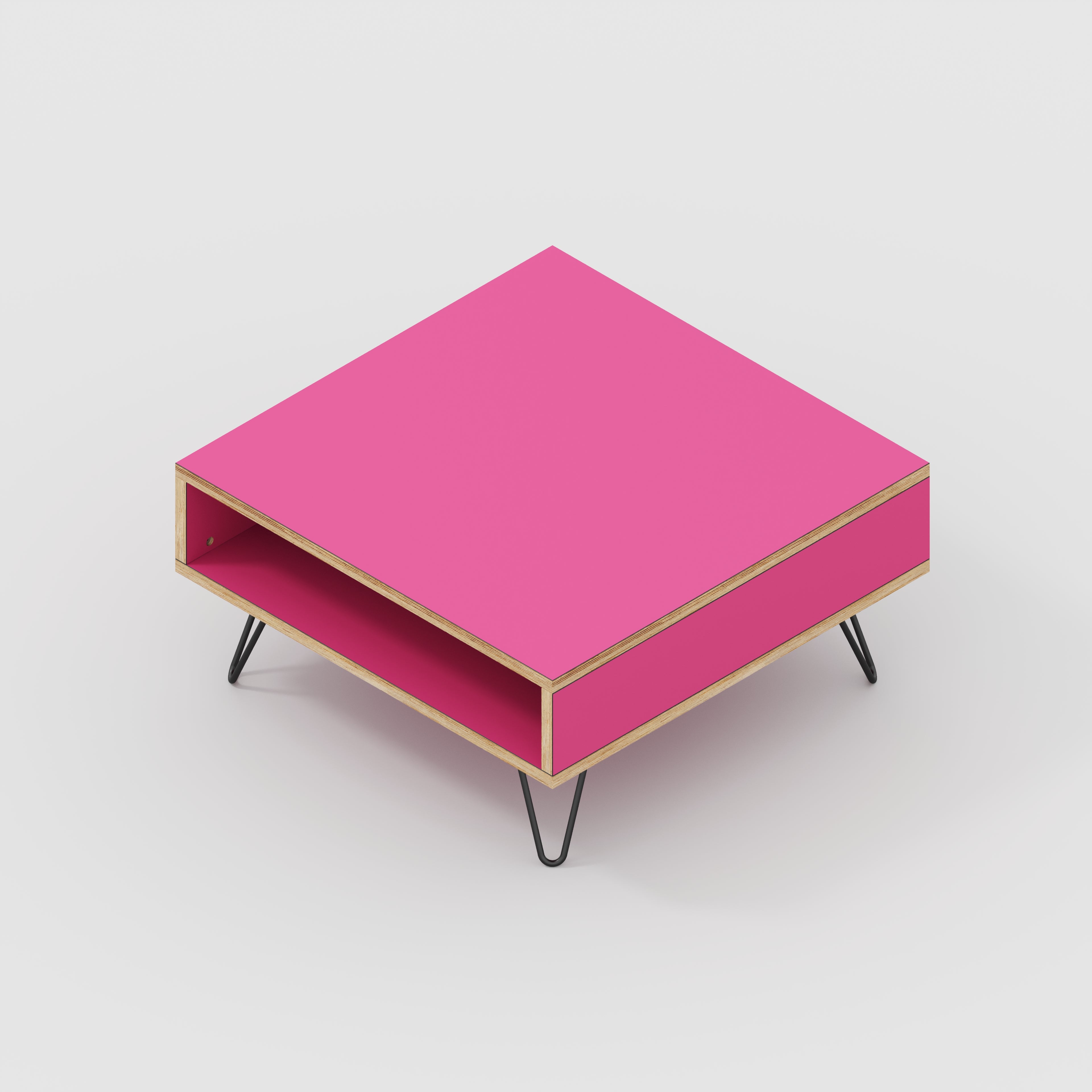 Plywood Coffee Table with Box Storage and Black Hairpin Legs - Formica Juicy Pink - 800(w) x 800(d) x 400(h)