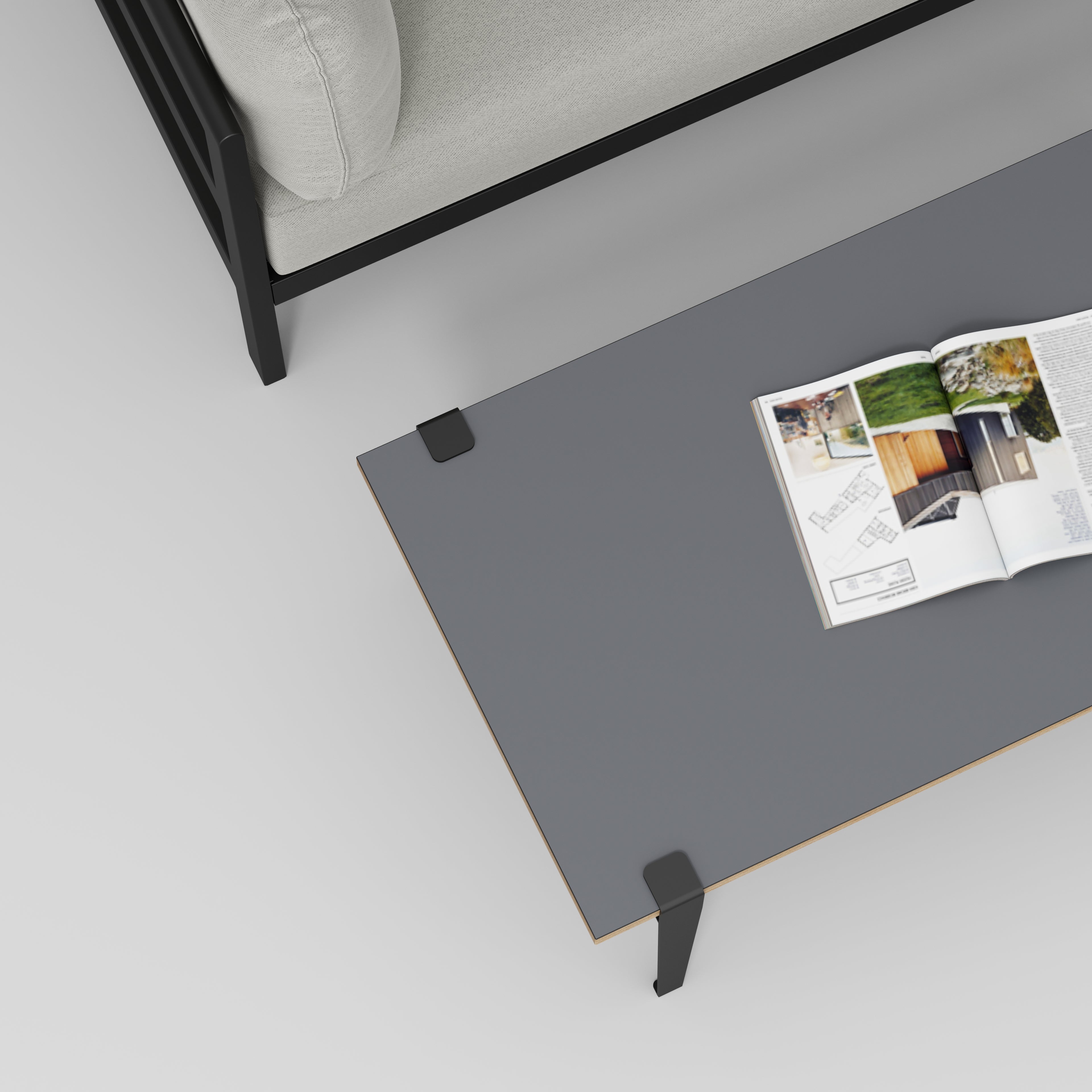 Plywood Coffee Table with Black Tiptoe Legs - Formica Tornado Grey - 1200(w) x 600(d) x 430(h)