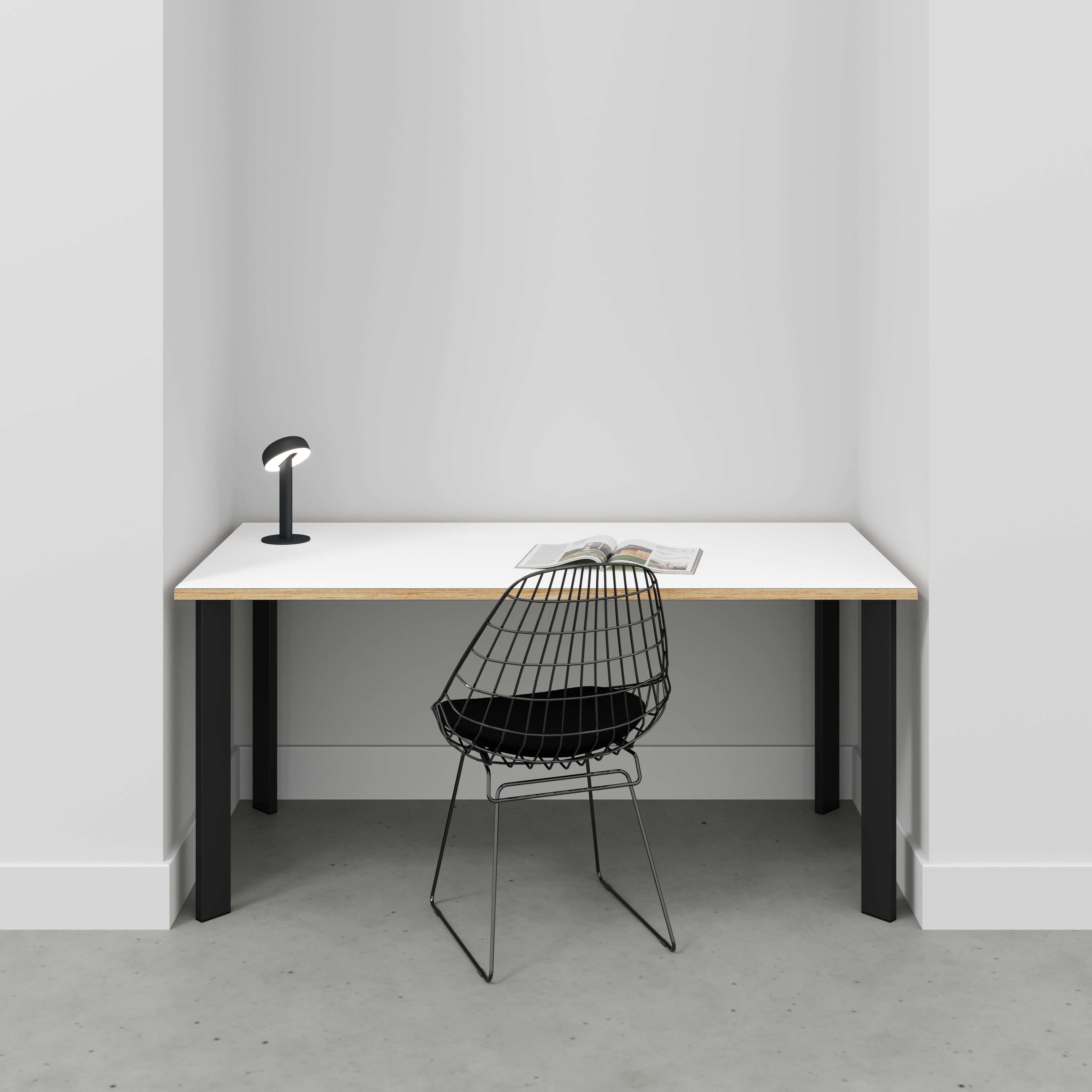 Black desk with white shop legs