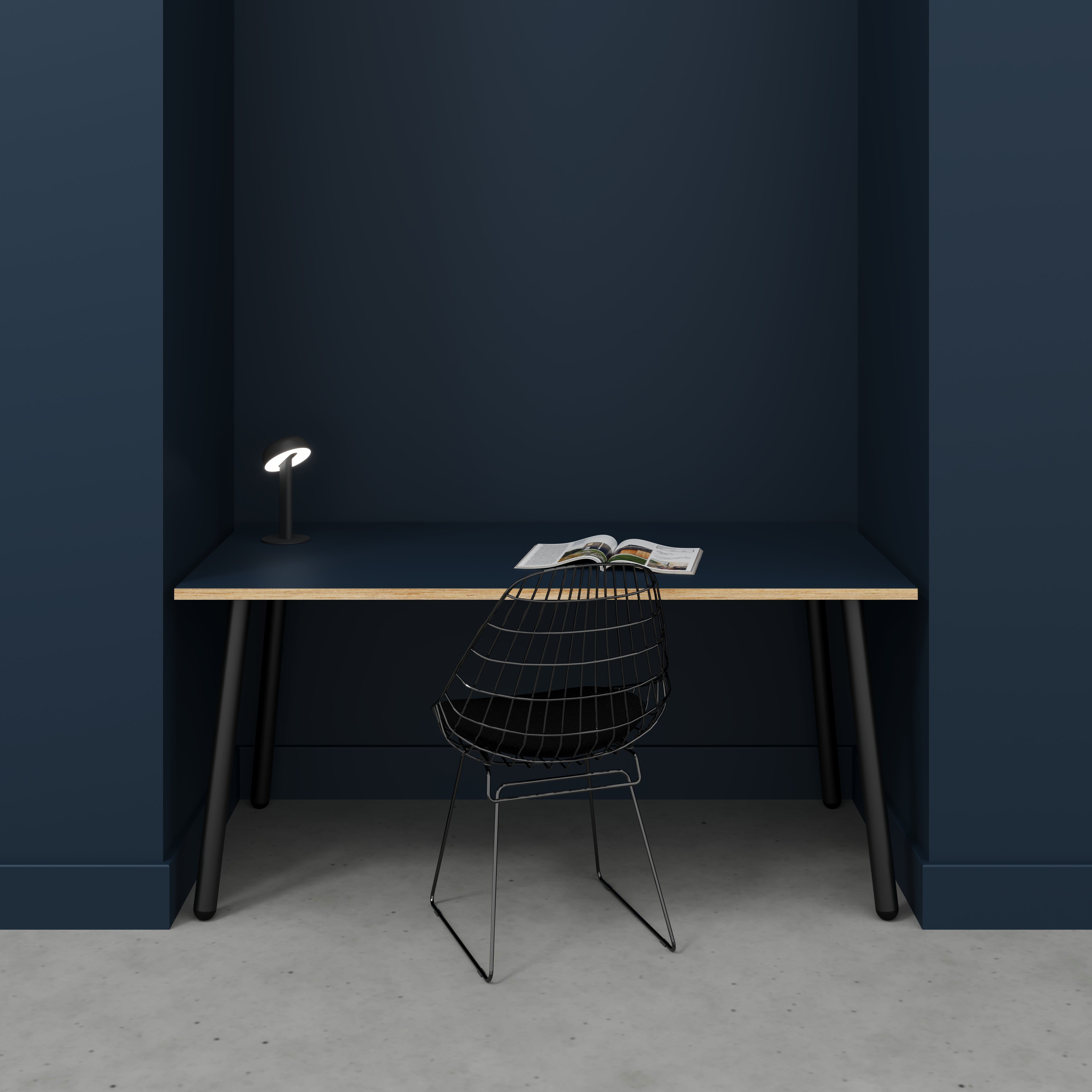 Plywood Desk with Black Round Single Pin Legs - Formica Night Sea Blue - 1600(w) x 800(d) x 735(h)