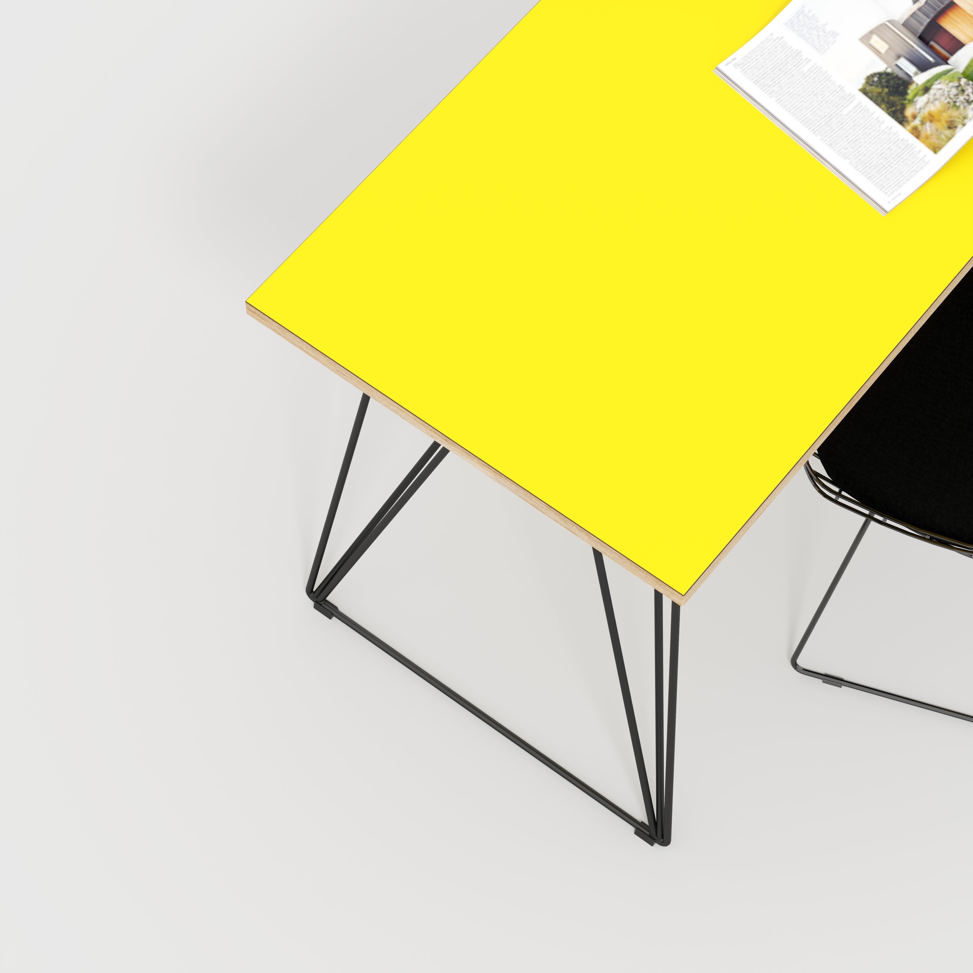 Plywood Desk with Black Wireframe Legs - Formica Chrome Yellow - 1600(w) x 800(d) x 735(h)