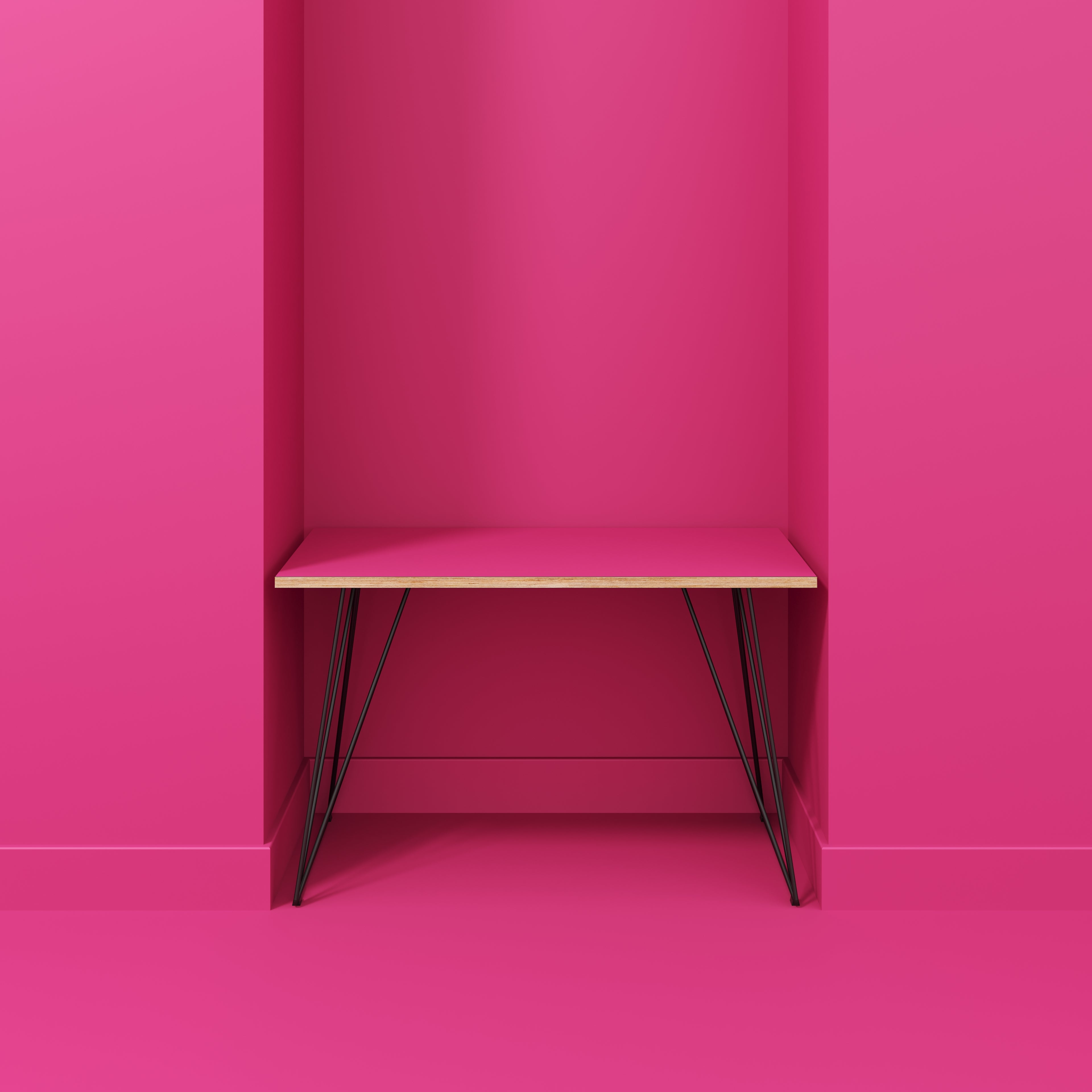 Plywood Desk with Black Wireframe Legs - Formica Juicy Pink - 1200(w) x 600(d) x 735(h)