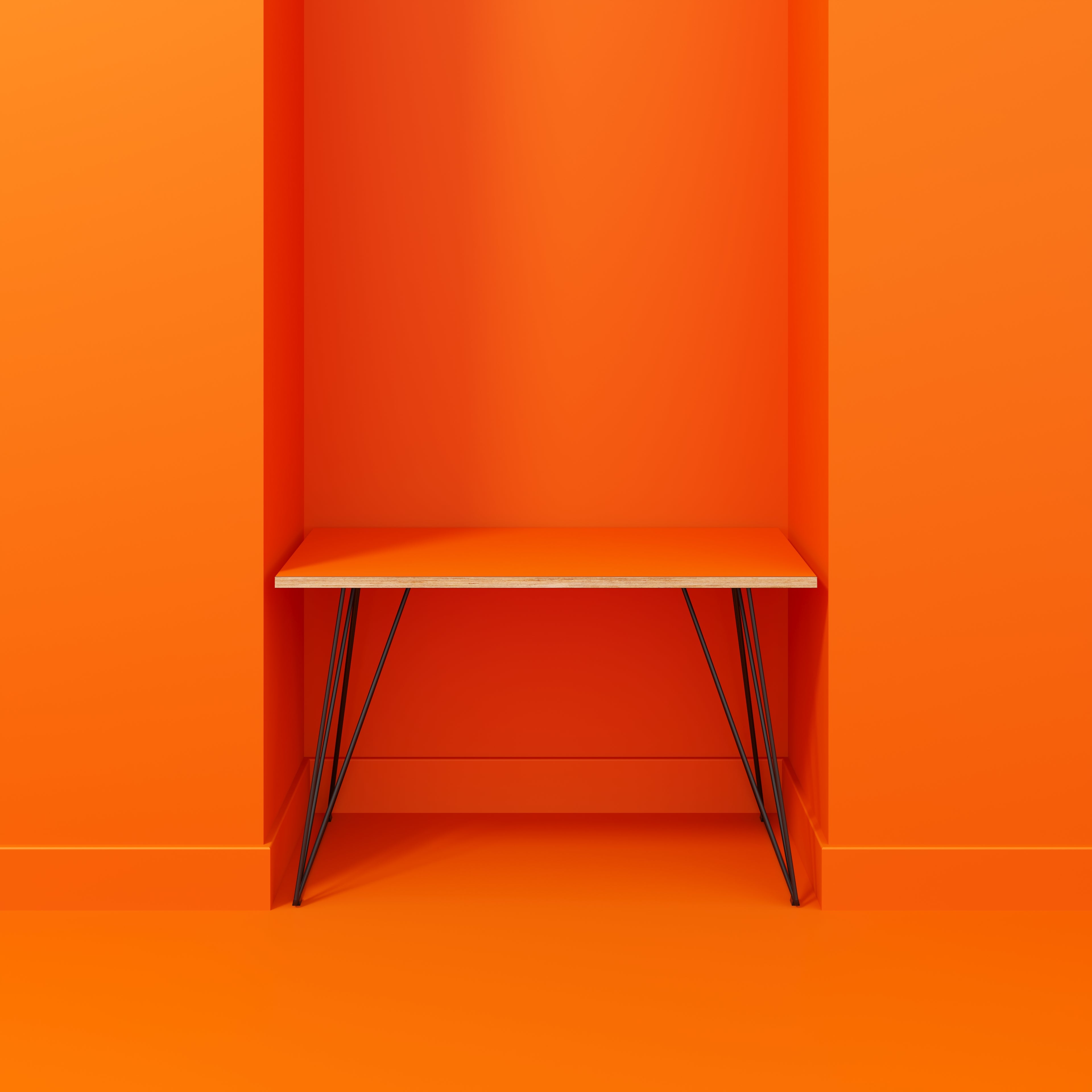 Plywood Desk with Black Wireframe Legs - Formica Levante Orange - 1200(w) x 600(d) x 735(h)