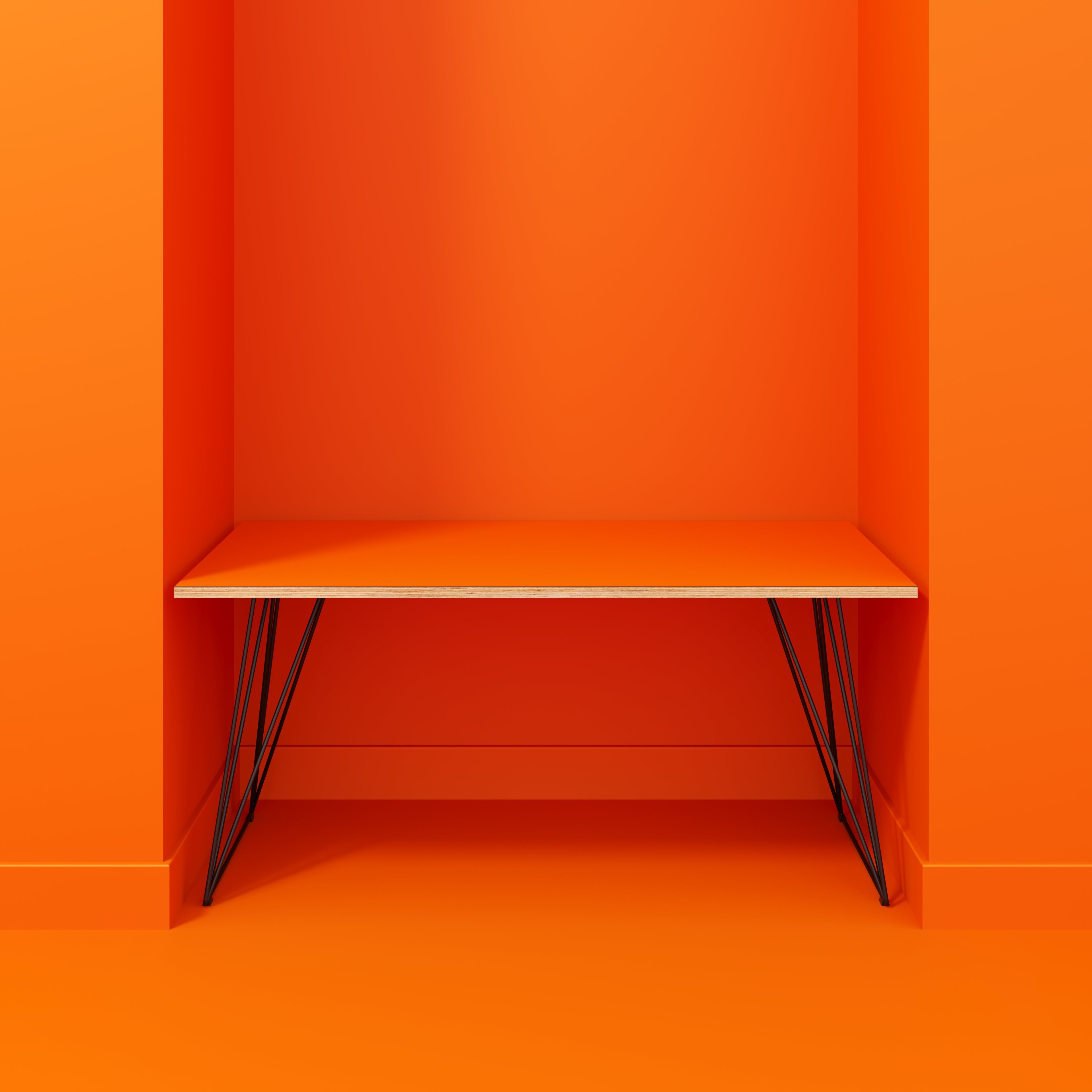 Plywood Desk with Black Wireframe Legs - Formica Levante Orange - 1600(w) x 800(d) x 735(h)