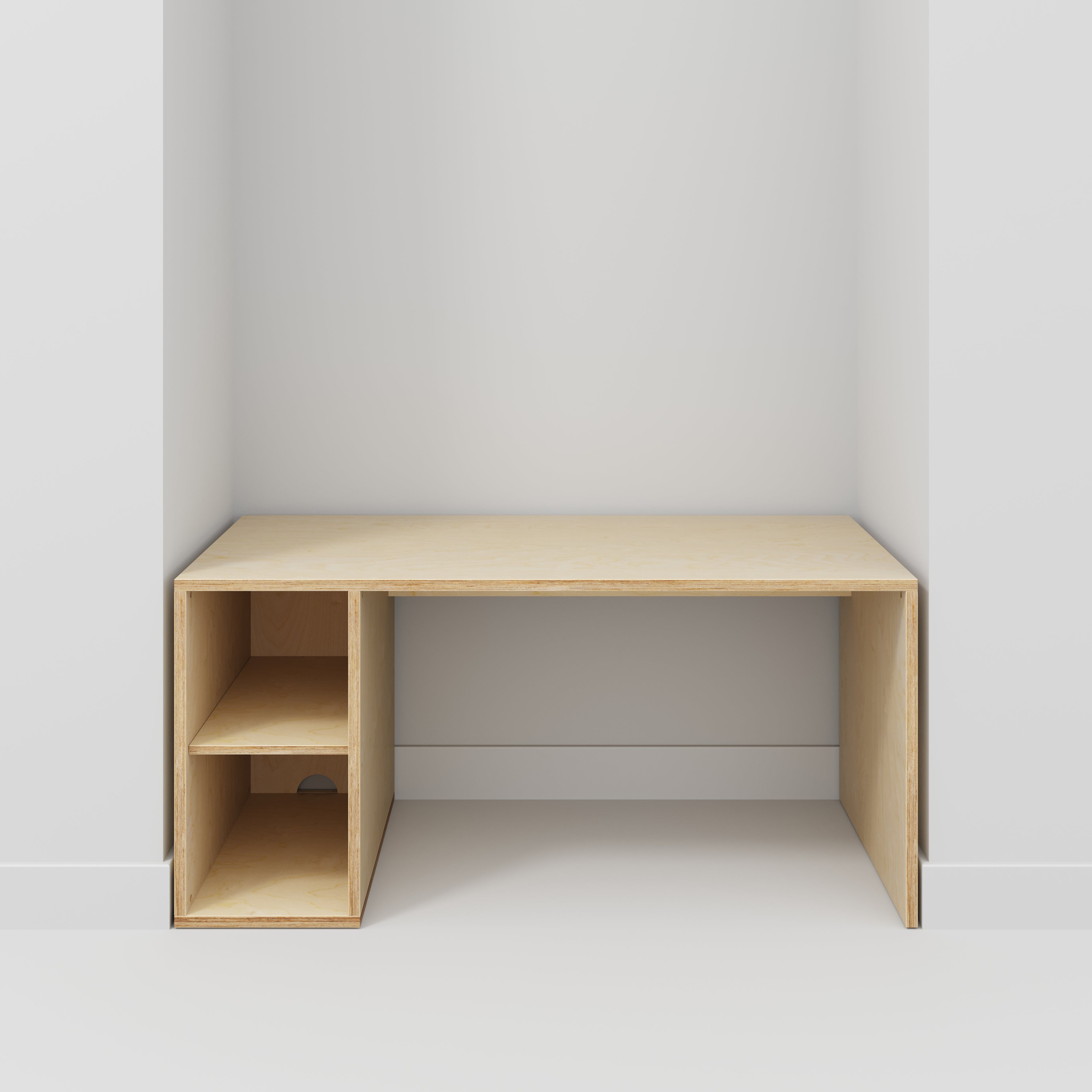 Plywood Desk with Storage Type 1 LH - Open Shelves - Plywood Birch - 1600(w) x 800(d) x 750(h)