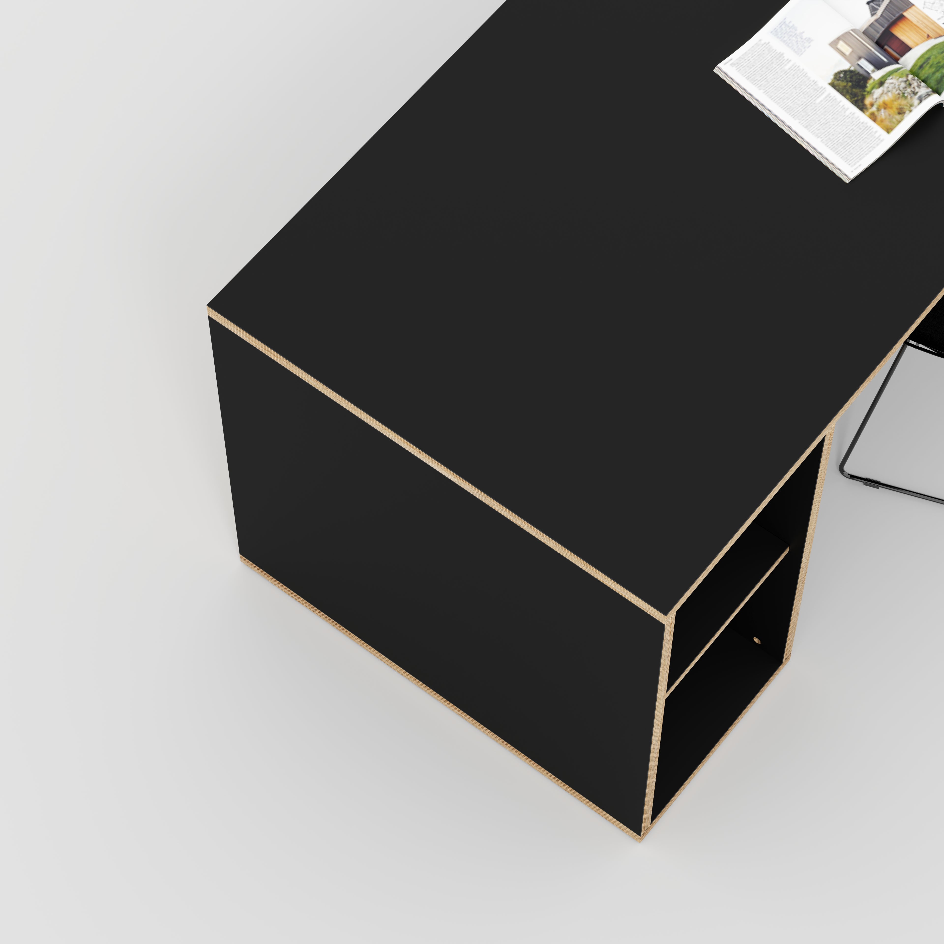 Plywood Desk with Storage Type 1 LH - Open Shelves - Formica Diamond Black - 1600(w) x 800(d) x 750(h)