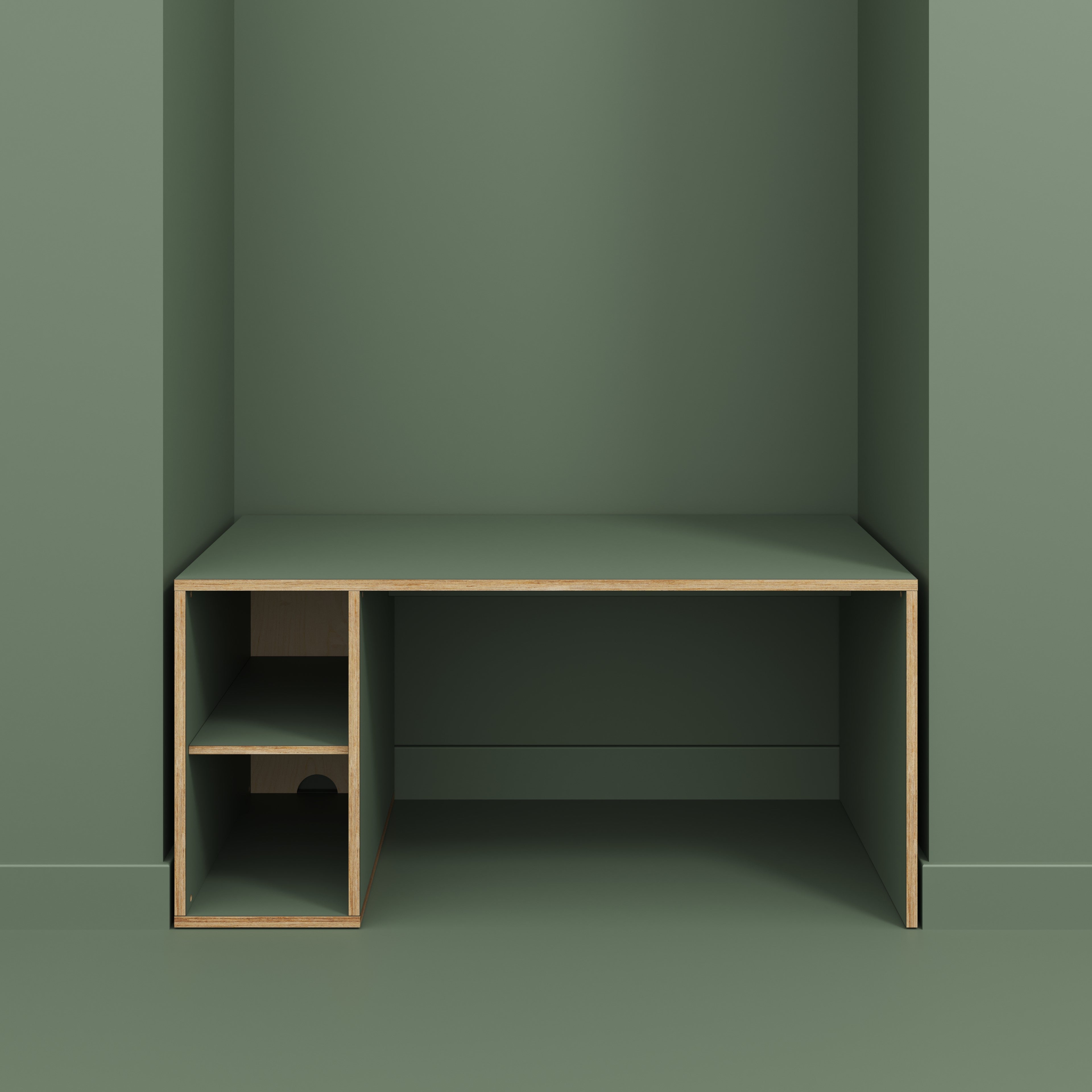 Plywood Desk with Storage Type 1 LH - Open Shelves - Formica Green Slate - 1600(w) x 800(d) x 750(h)