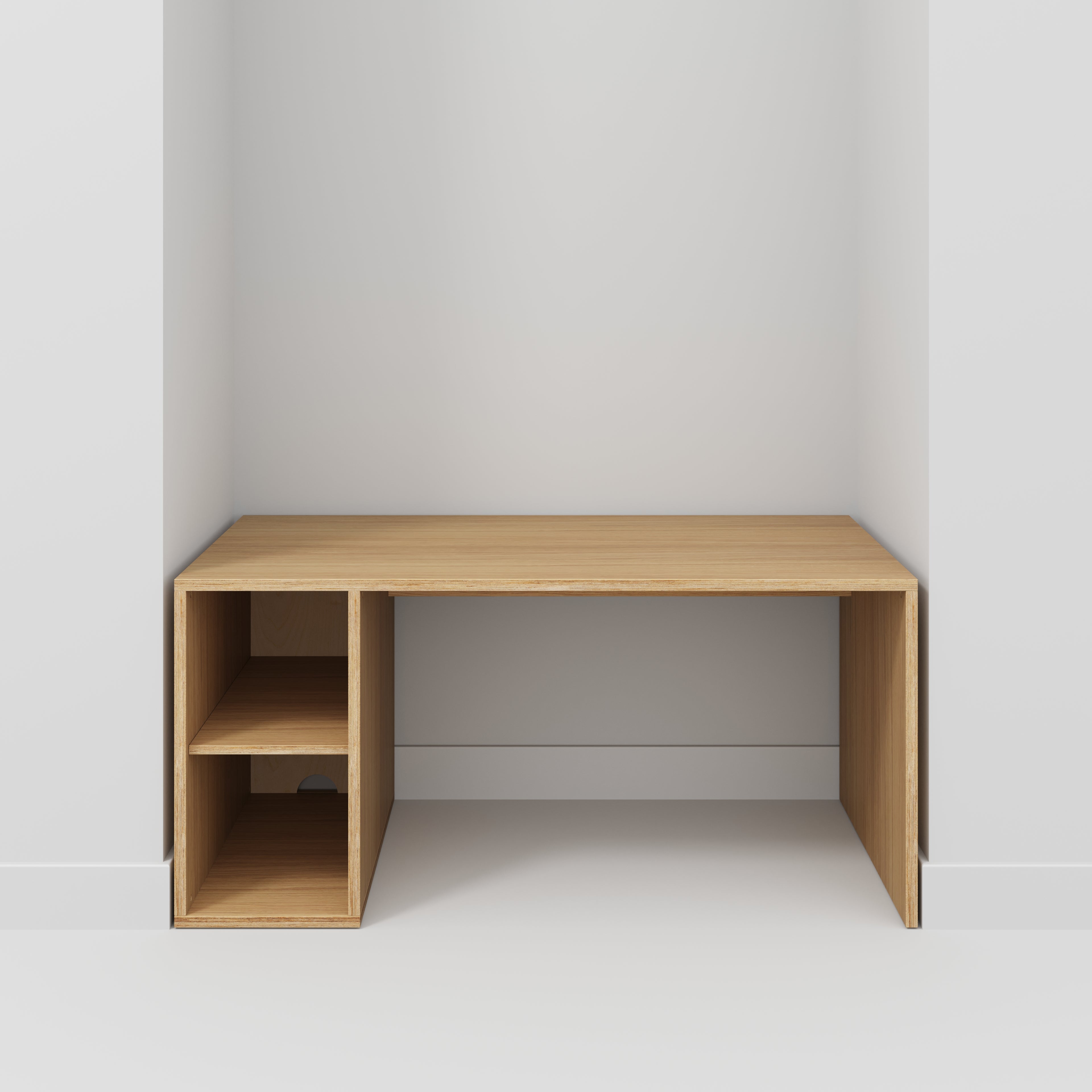 Plywood Desk with Storage Type 1 LH - Open Shelves - Plywood Oak - 1600(w) x 800(d) x 750(h)