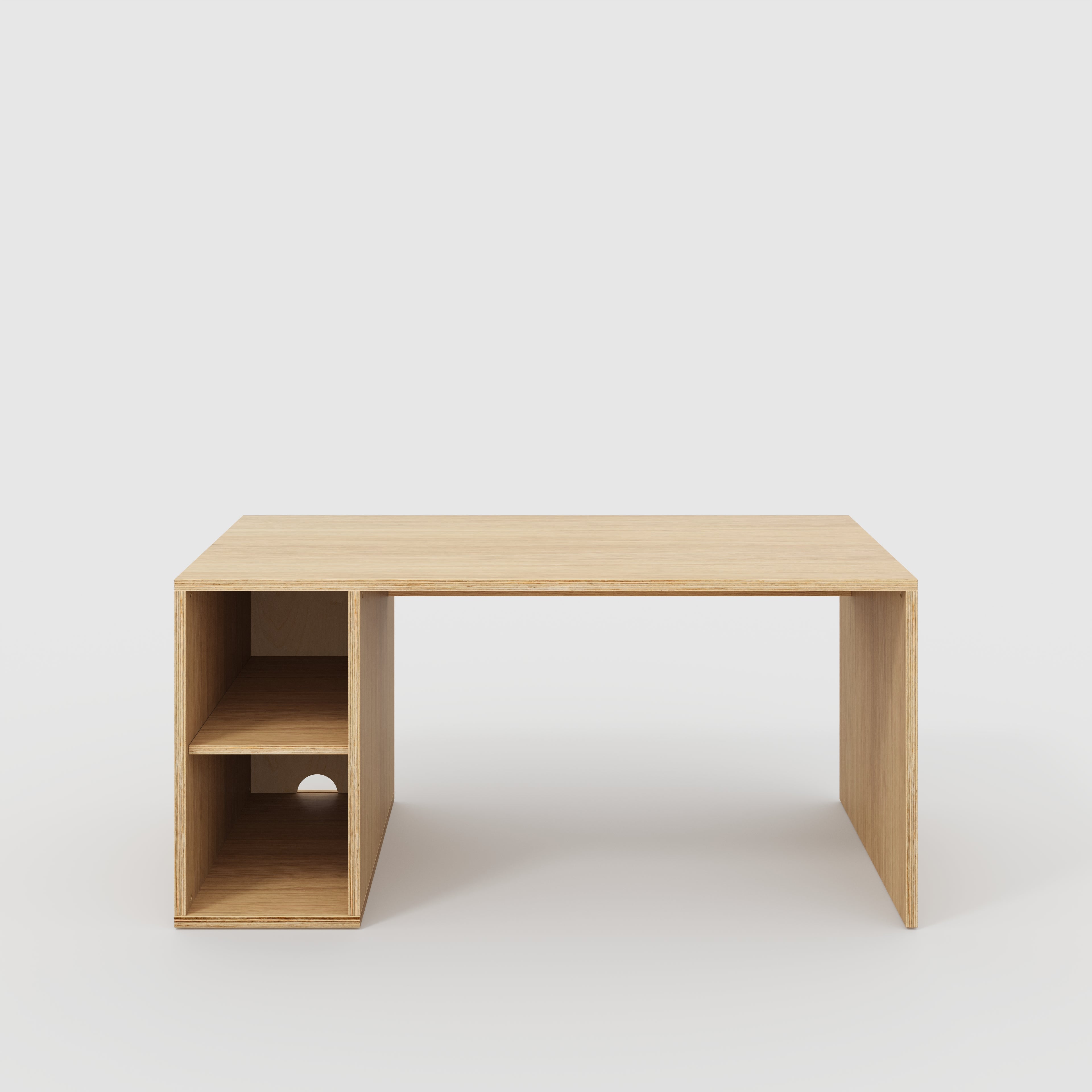 Plywood Desk with Storage Type 1 LH - Open Shelves - Plywood Oak - 1600(w) x 800(d) x 750(h)