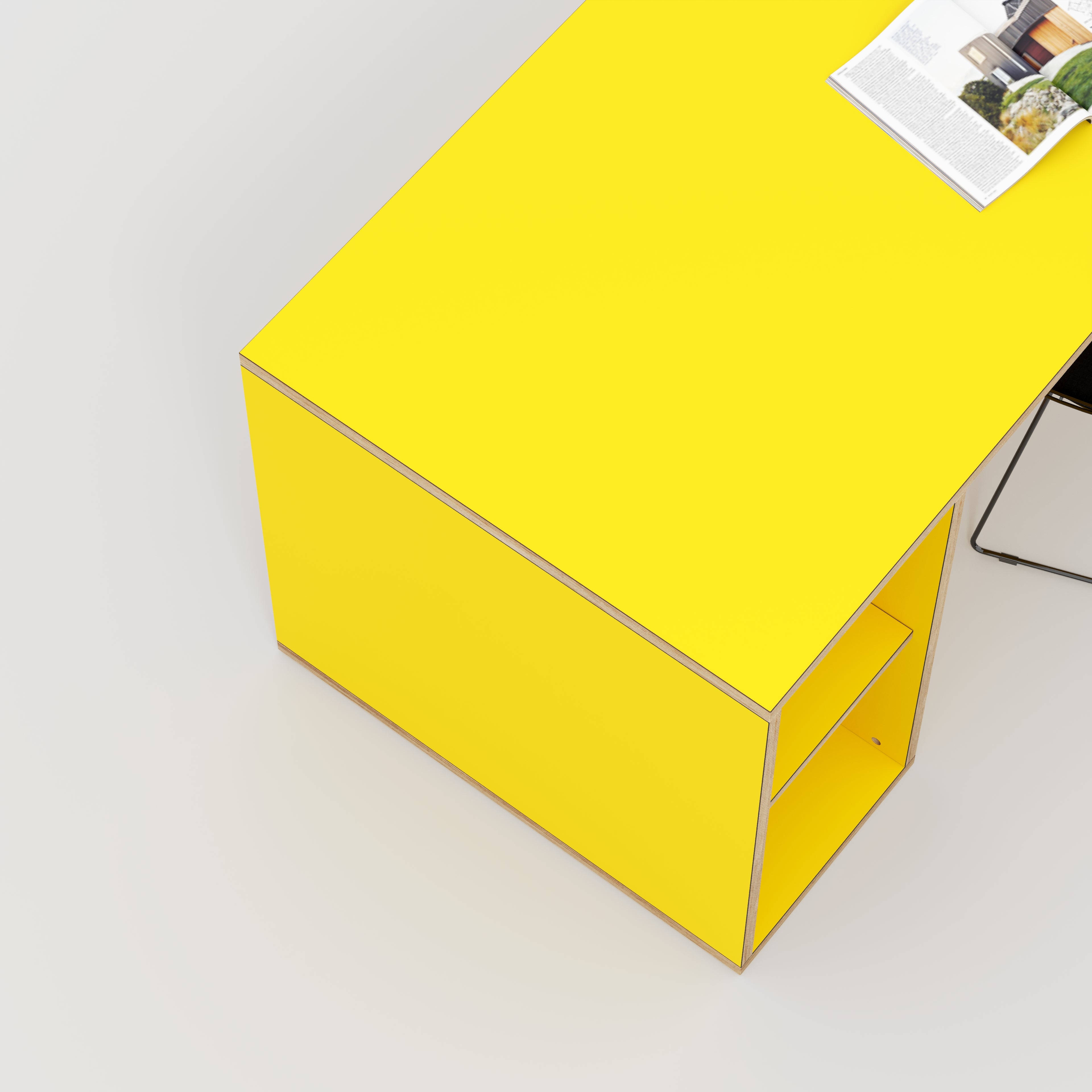 Plywood Desk with Storage Type 1 LH - Open Shelves - Formica Chrome Yellow - 2000(w) x 800(d) x 750(h)