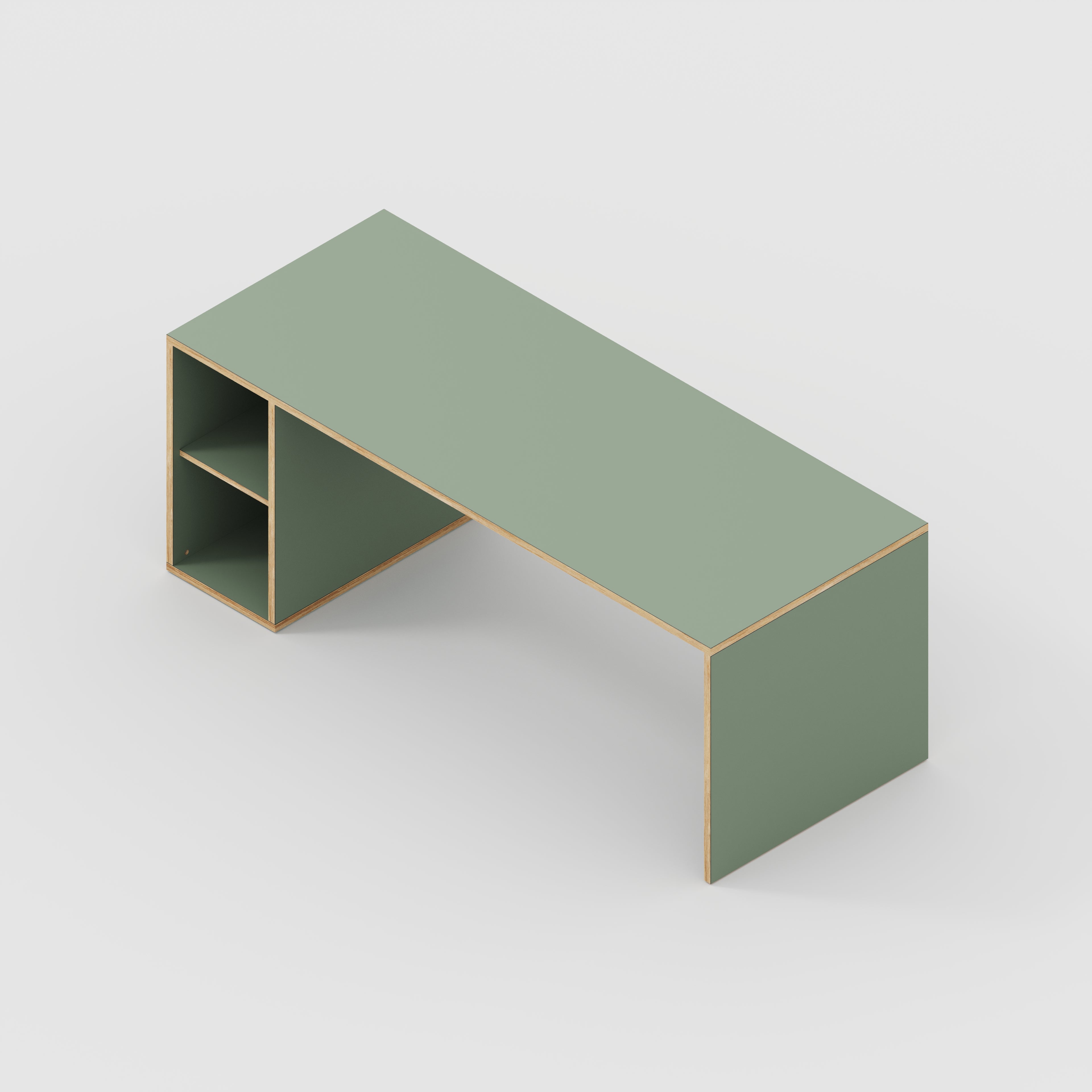 Plywood Desk with Storage Type 1 LH - Open Shelves - Formica Green Slate - 2000(w) x 800(d) x 750(h)