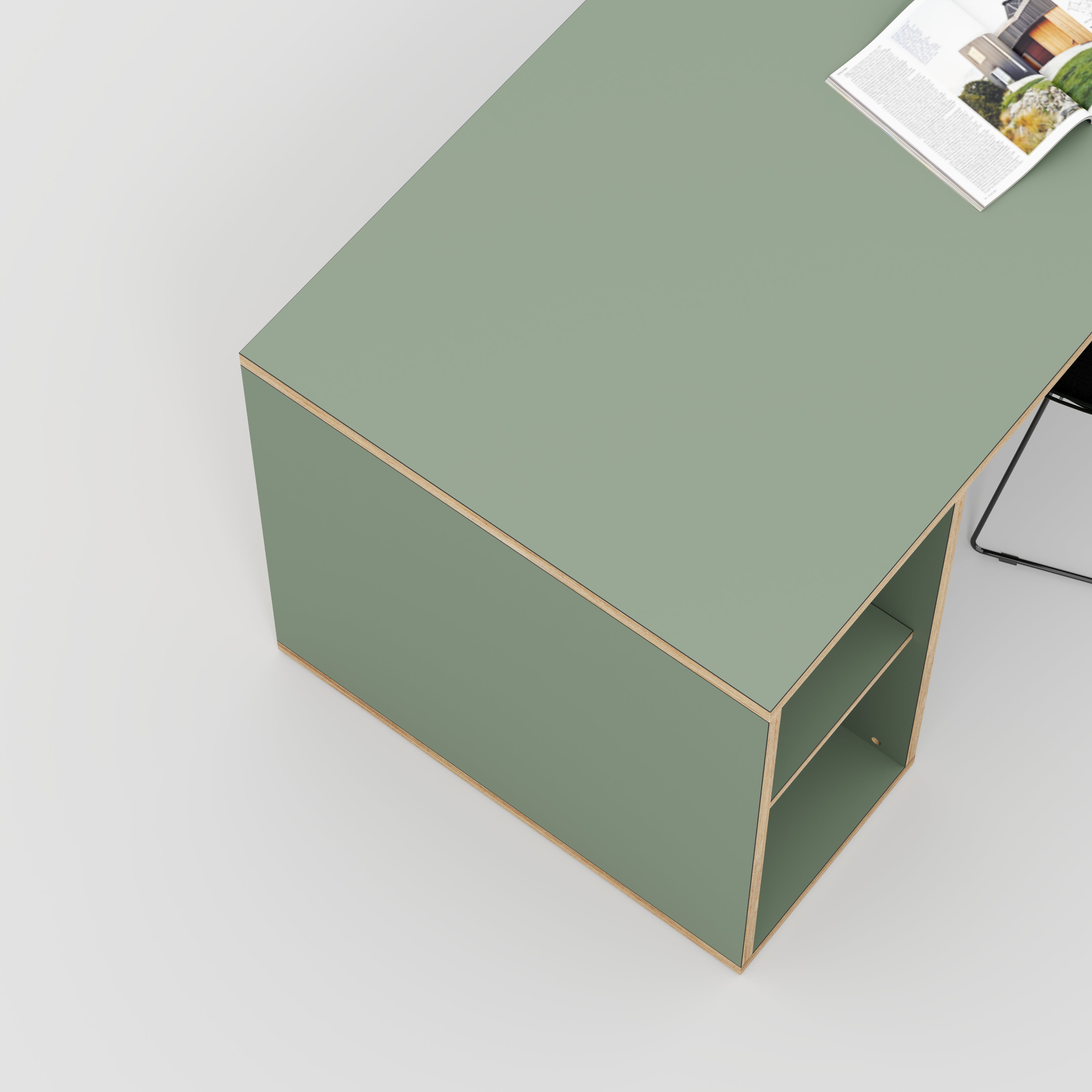 Plywood Desk with Storage Type 1 LH - Open Shelves - Formica Green Slate - 2000(w) x 800(d) x 750(h)