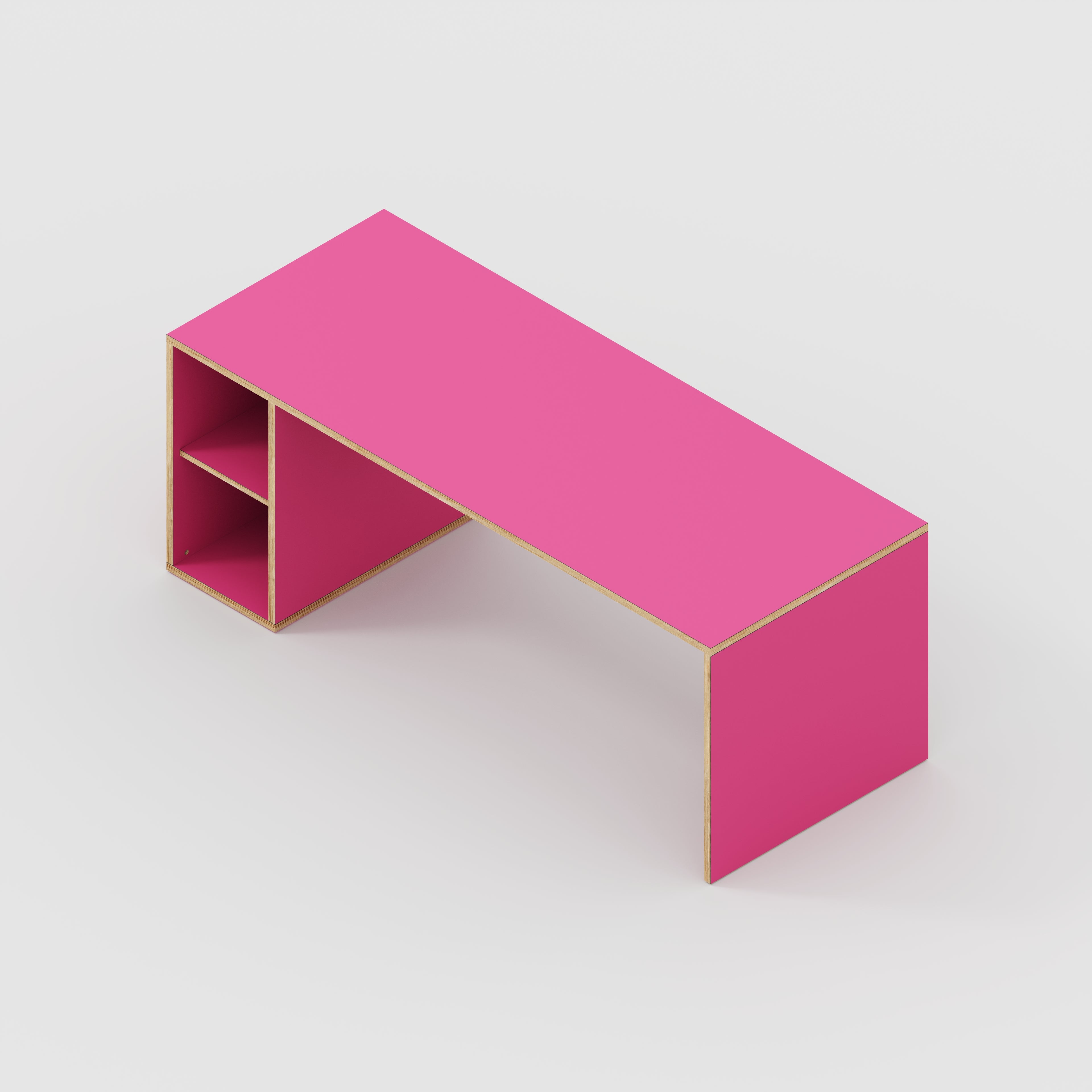 Plywood Desk with Storage Type 1 LH - Open Shelves - Formica Juicy Pink - 2000(w) x 800(d) x 750(h)