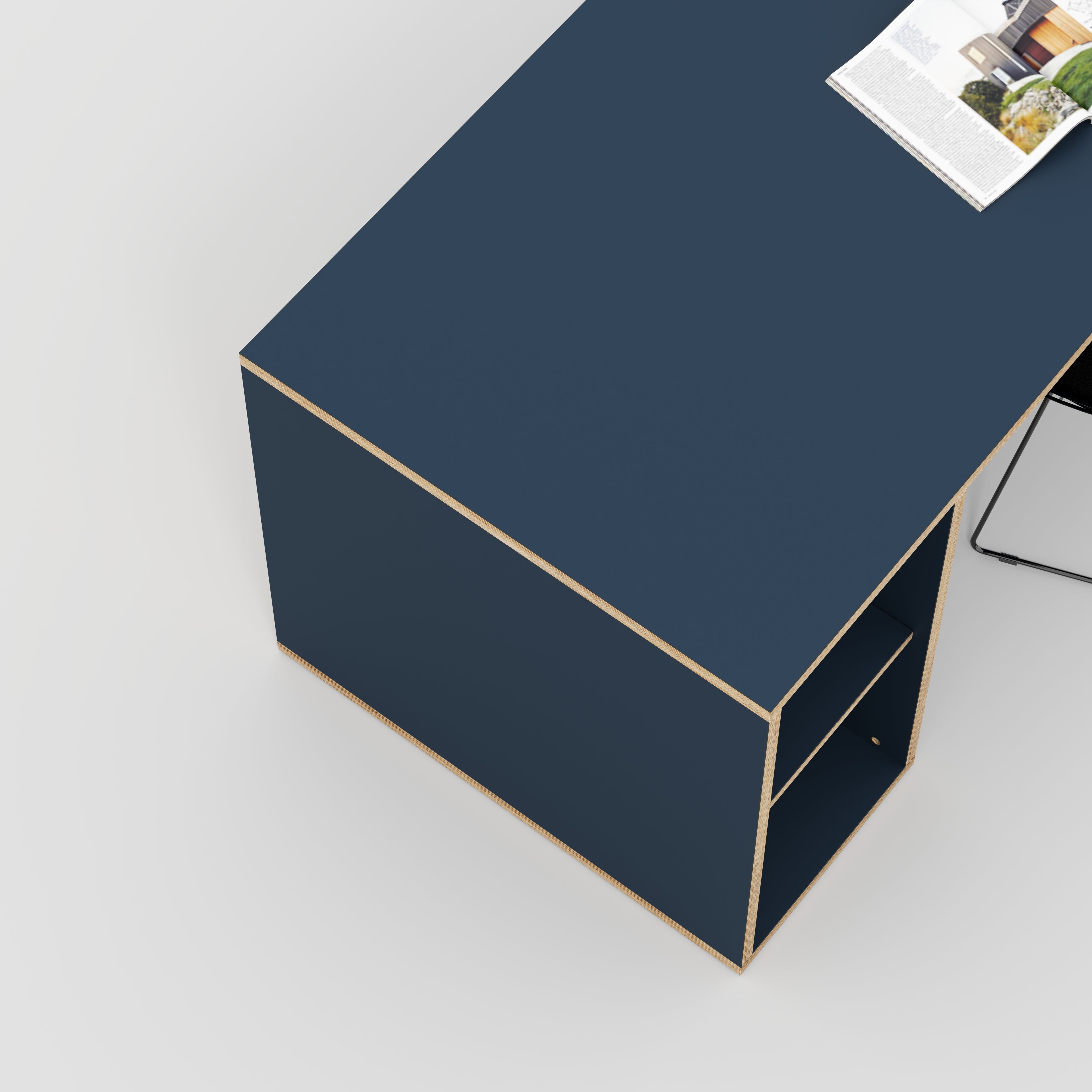 Plywood Desk with Storage Type 1 LH - Open Shelves - Formica Night Sea Blue - 2000(w) x 800(d) x 750(h)