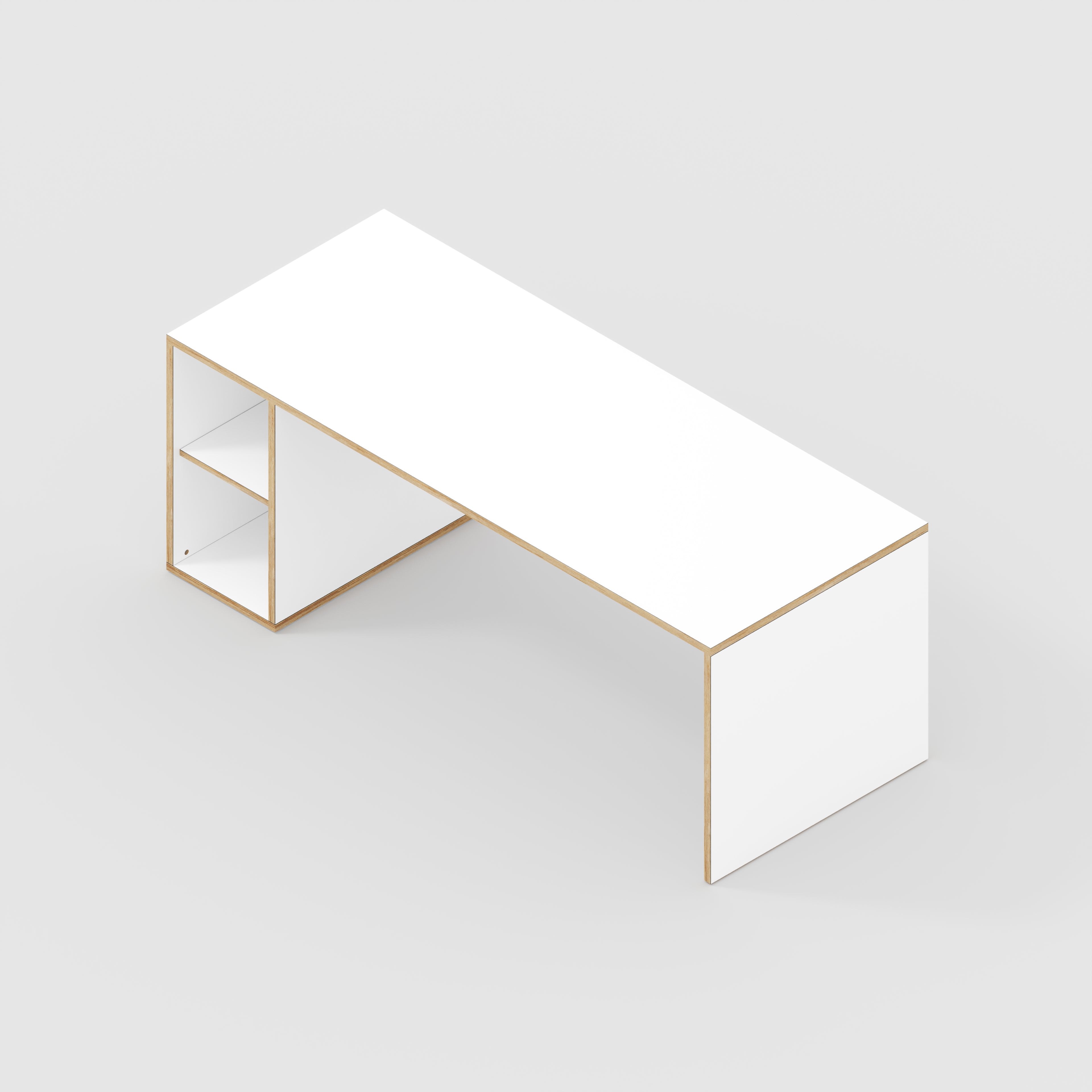 Plywood Desk with Storage Type 1 LH - Open Shelves - Formica White - 2000(w) x 800(d) x 750(h)