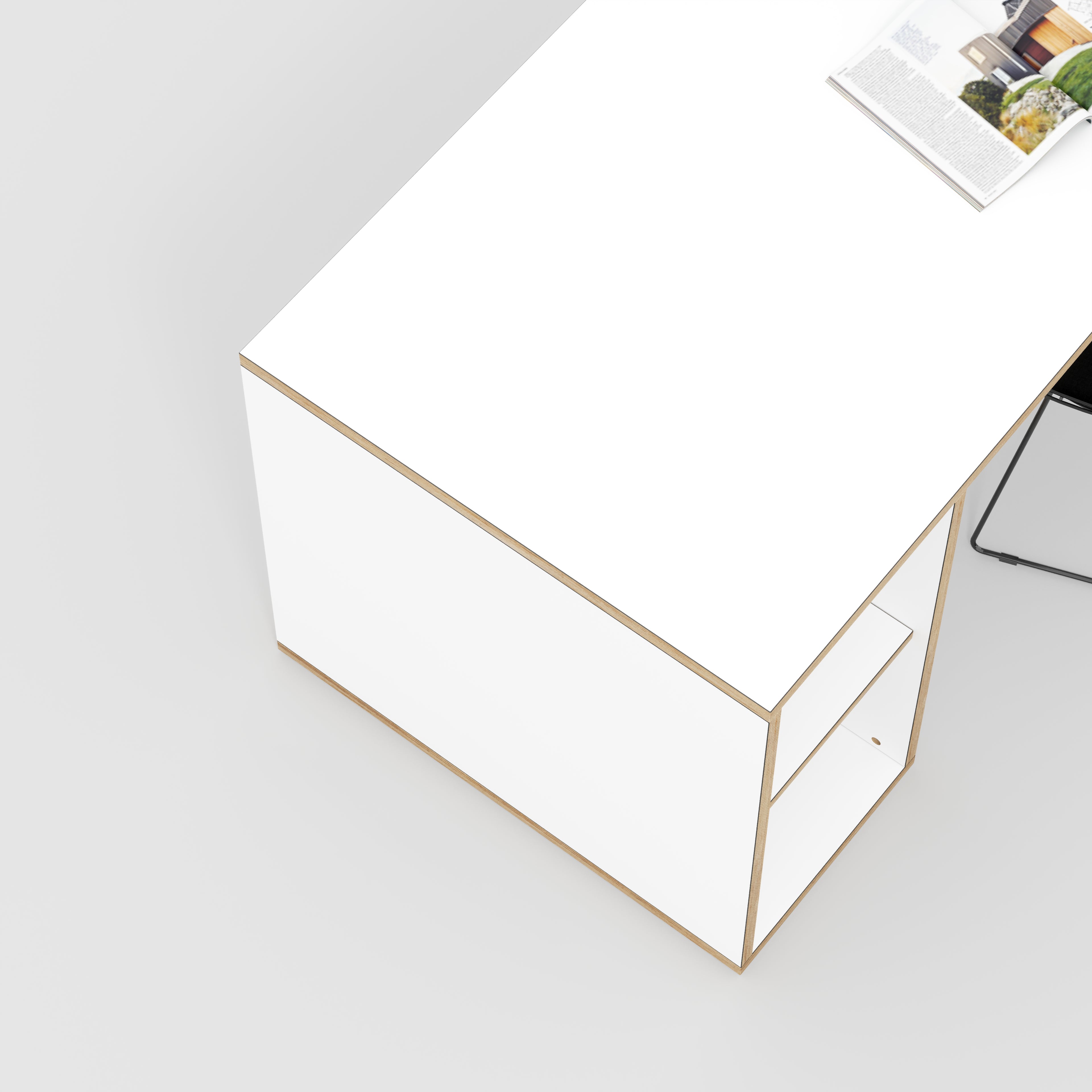 Plywood Desk with Storage Type 1 LH - Open Shelves - Formica White - 2000(w) x 800(d) x 750(h)