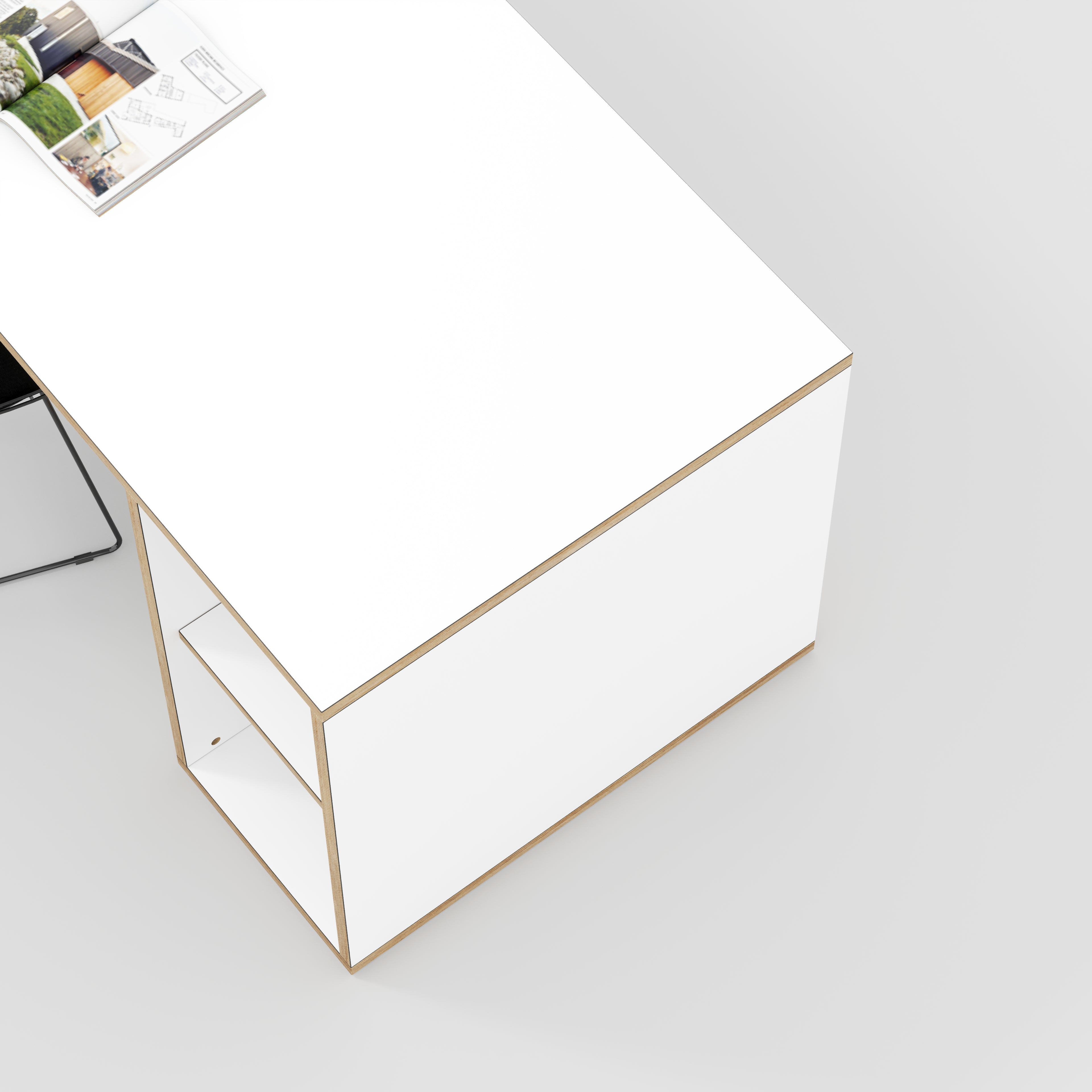 Plywood Desk with Storage Type 1 RH - Open Shelves - Formica White - 2000(w) x 800(d) x 750(h)