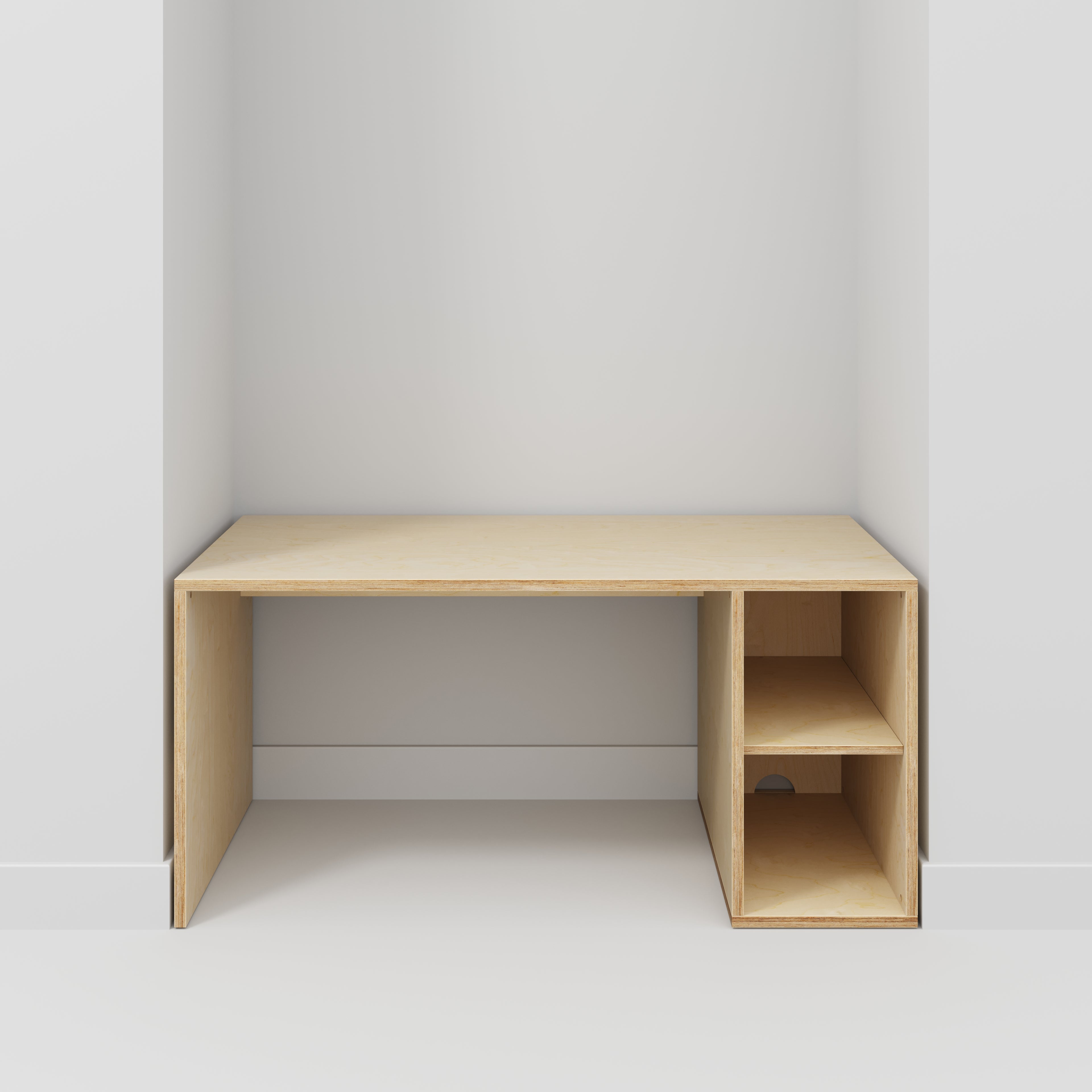 Plywood Desk with Storage Type 1 RH - Open Shelves - Plywood Birch - 1600(w) x 800(d) x 750(h)