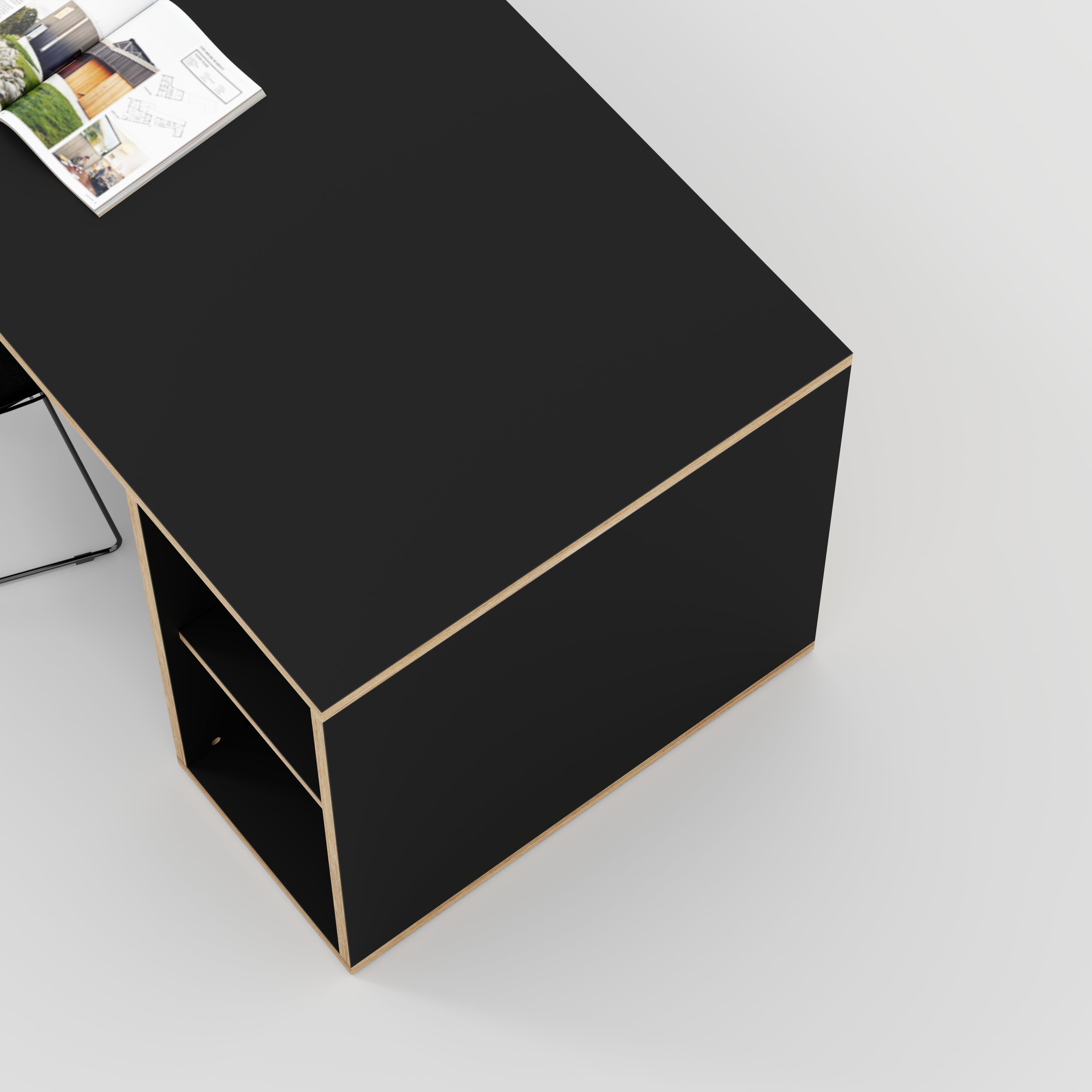 Plywood Desk with Storage Type 1 RH - Open Shelves - Formica Diamond Black - 1600(w) x 800(d) x 750(h)