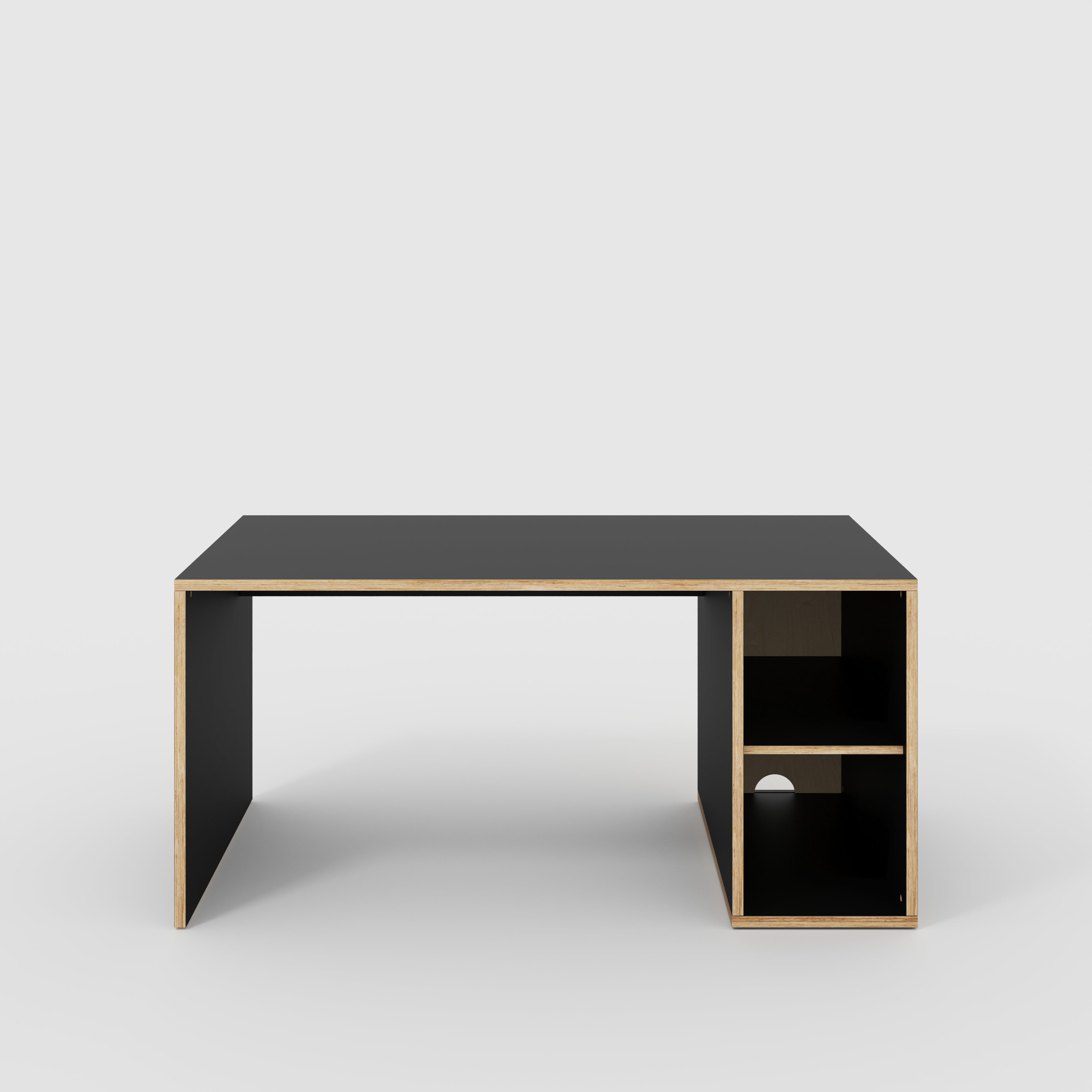 Plywood Desk with Storage Type 1 RH - Open Shelves - Formica Diamond Black - 1600(w) x 800(d) x 750(h)