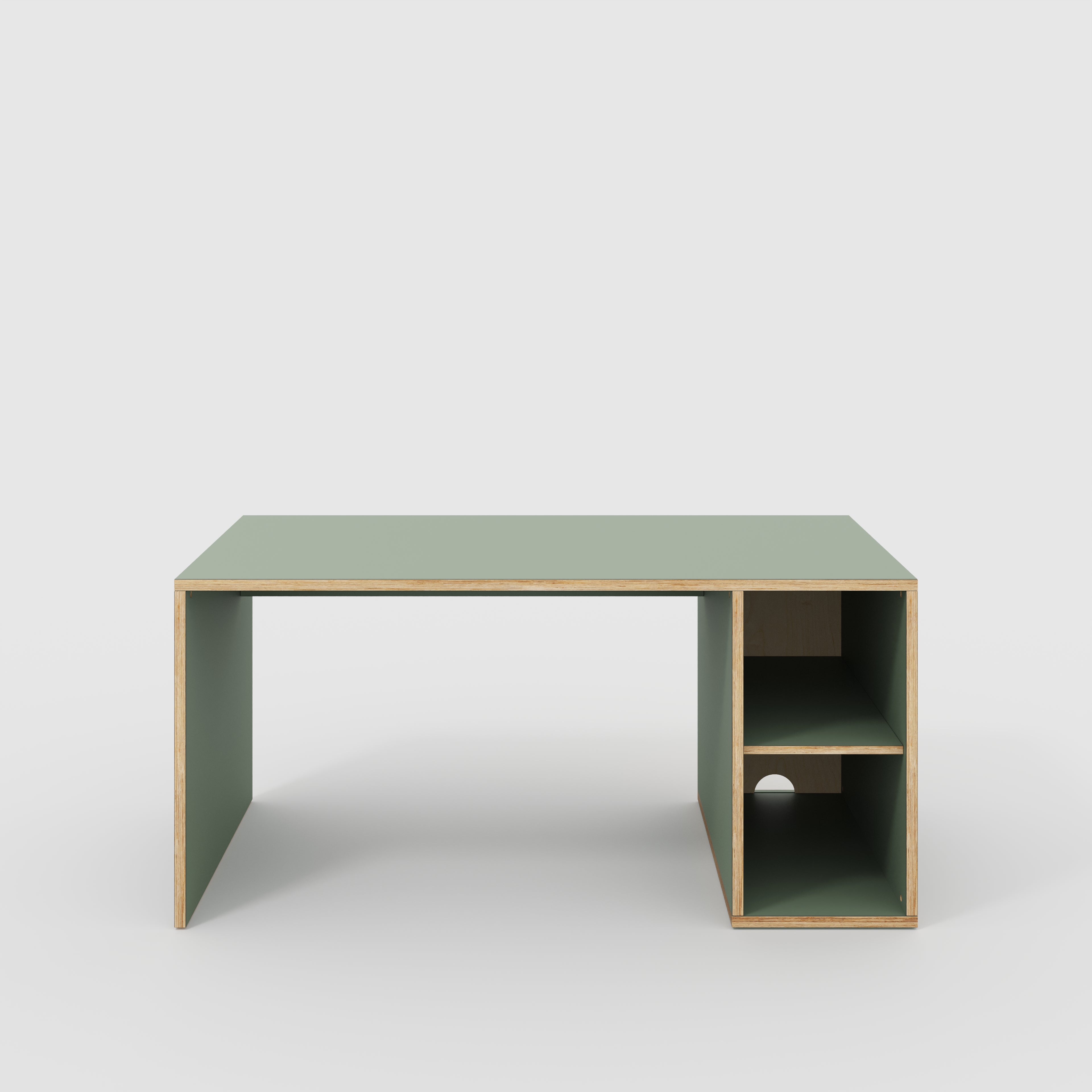 Plywood Desk with Storage Type 1 RH - Open Shelves - Formica Green Slate - 1600(w) x 800(d) x 750(h)