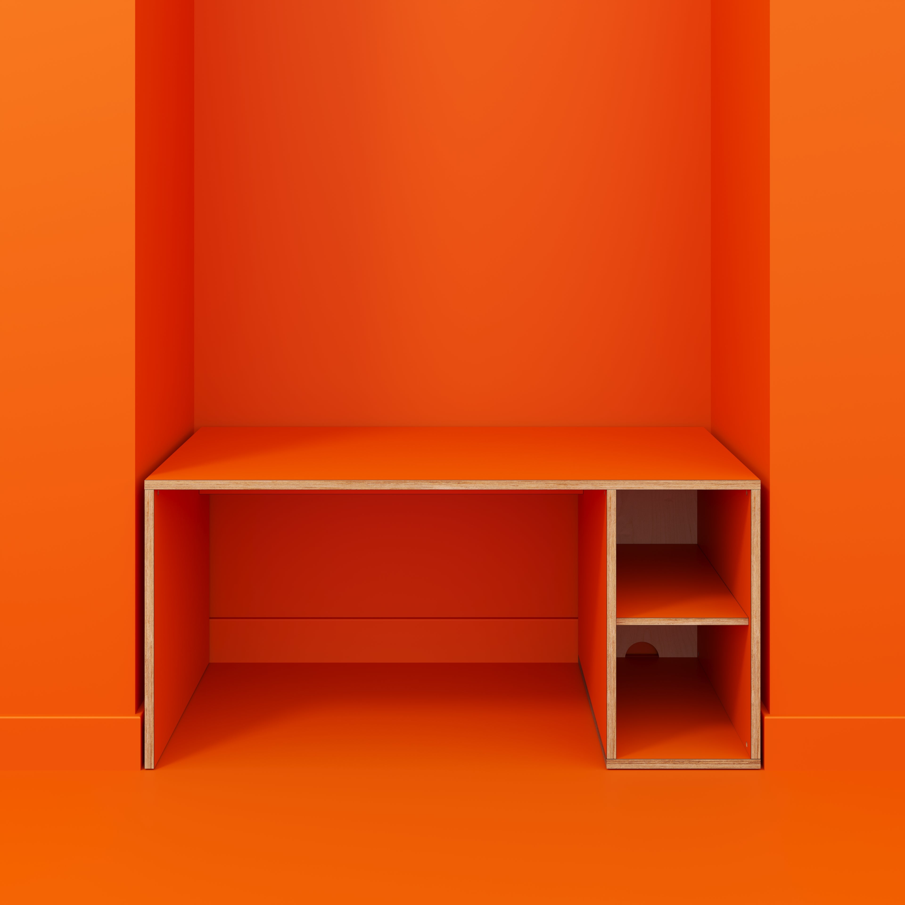 Plywood Desk with Storage Type 1 RH - Open Shelves - Formica Levante Orange - 1600(w) x 800(d) x 750(h)