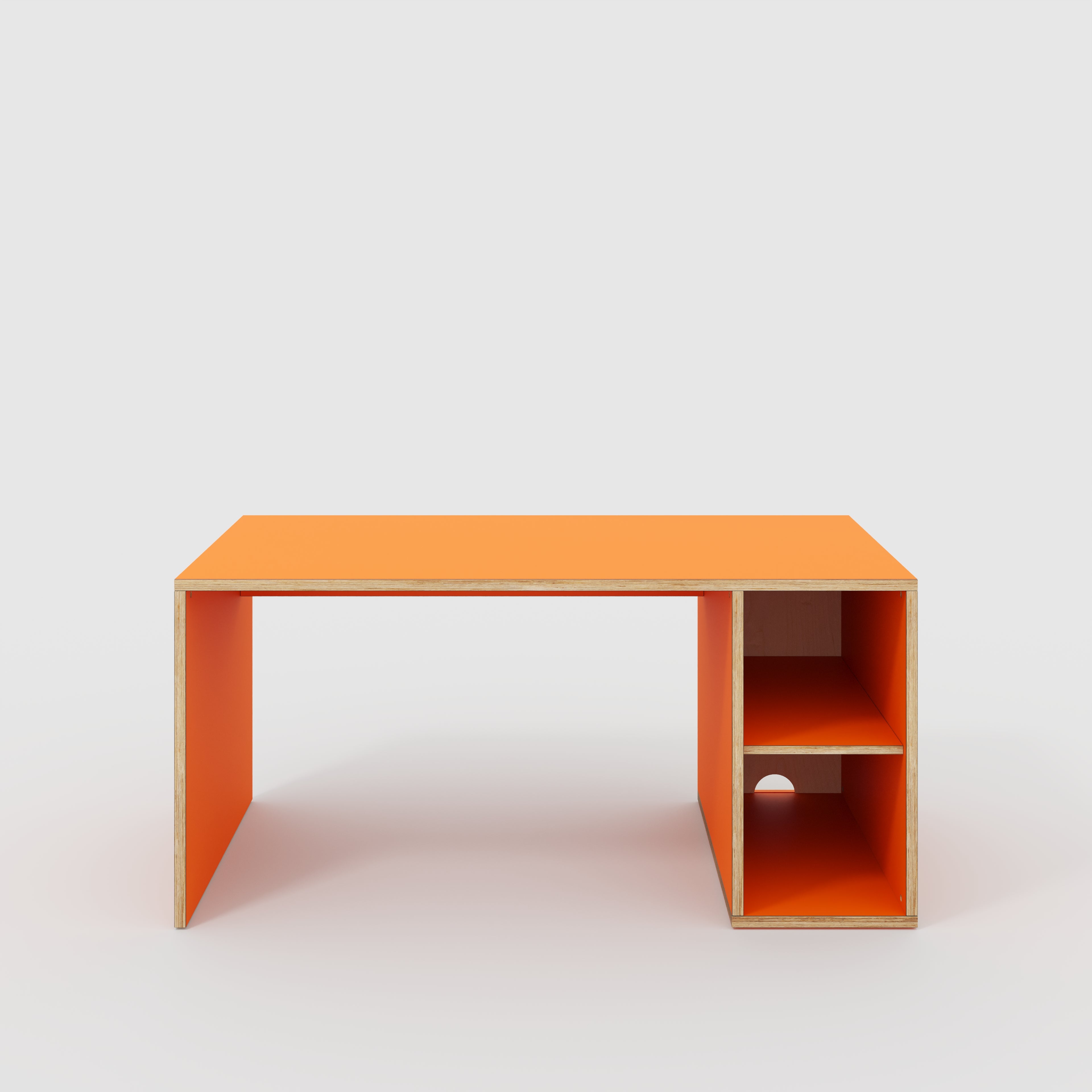 Plywood Desk with Storage Type 1 RH - Open Shelves - Formica Levante Orange - 1600(w) x 800(d) x 750(h)