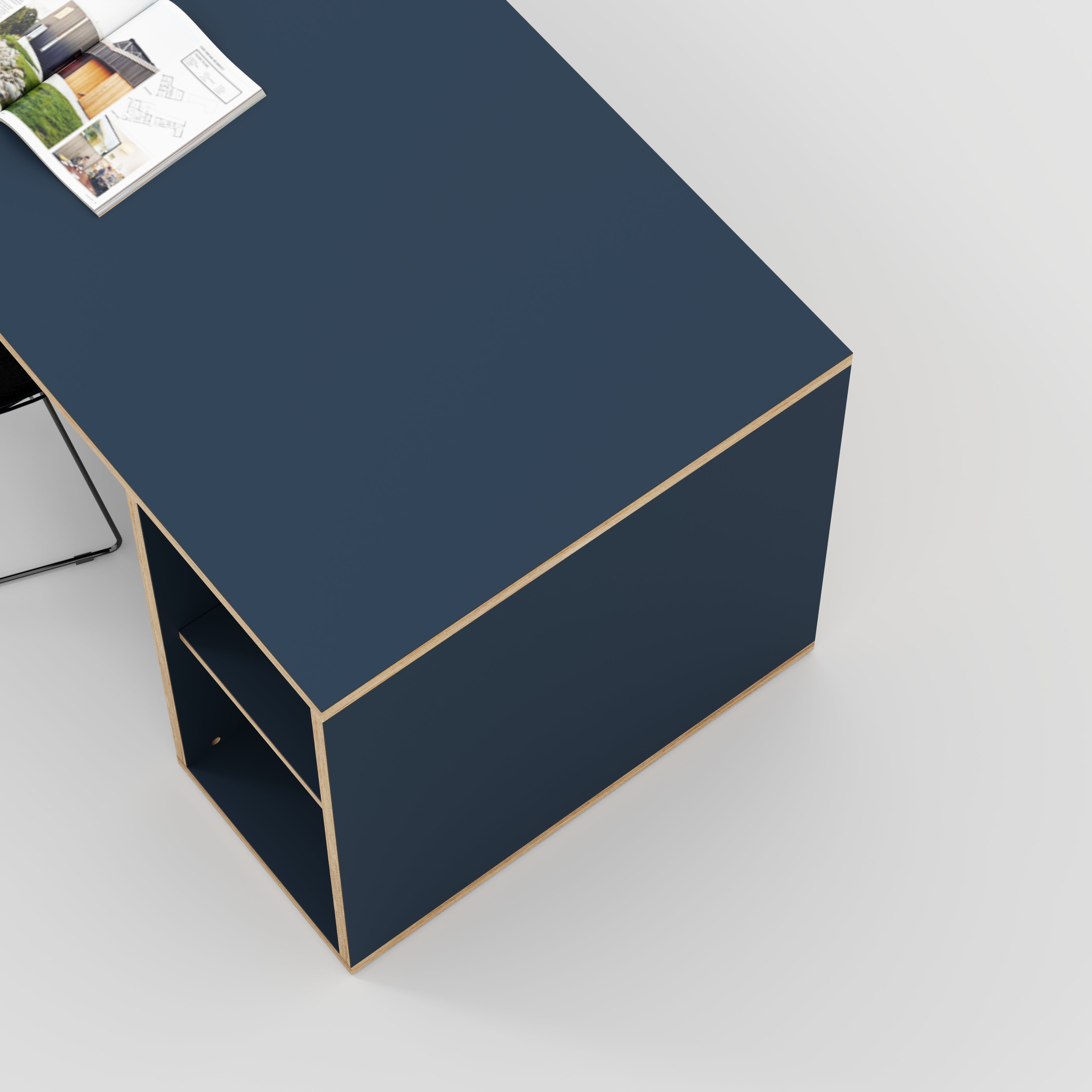 Plywood Desk with Storage Type 1 RH - Open Shelves - Formica Night Sea Blue - 1600(w) x 800(d) x 750(h)