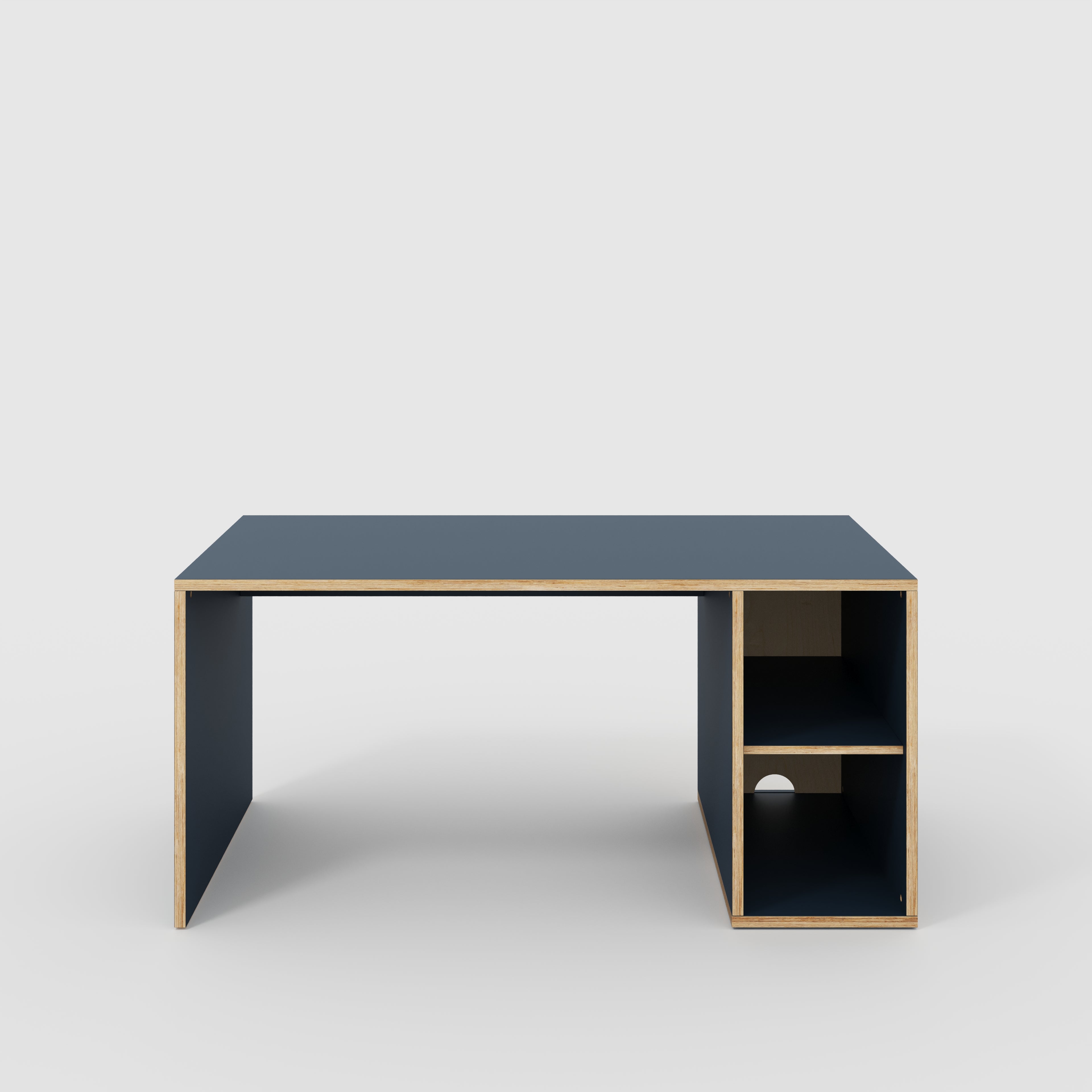 Plywood Desk with Storage Type 1 RH - Open Shelves - Formica Night Sea Blue - 1600(w) x 800(d) x 750(h)