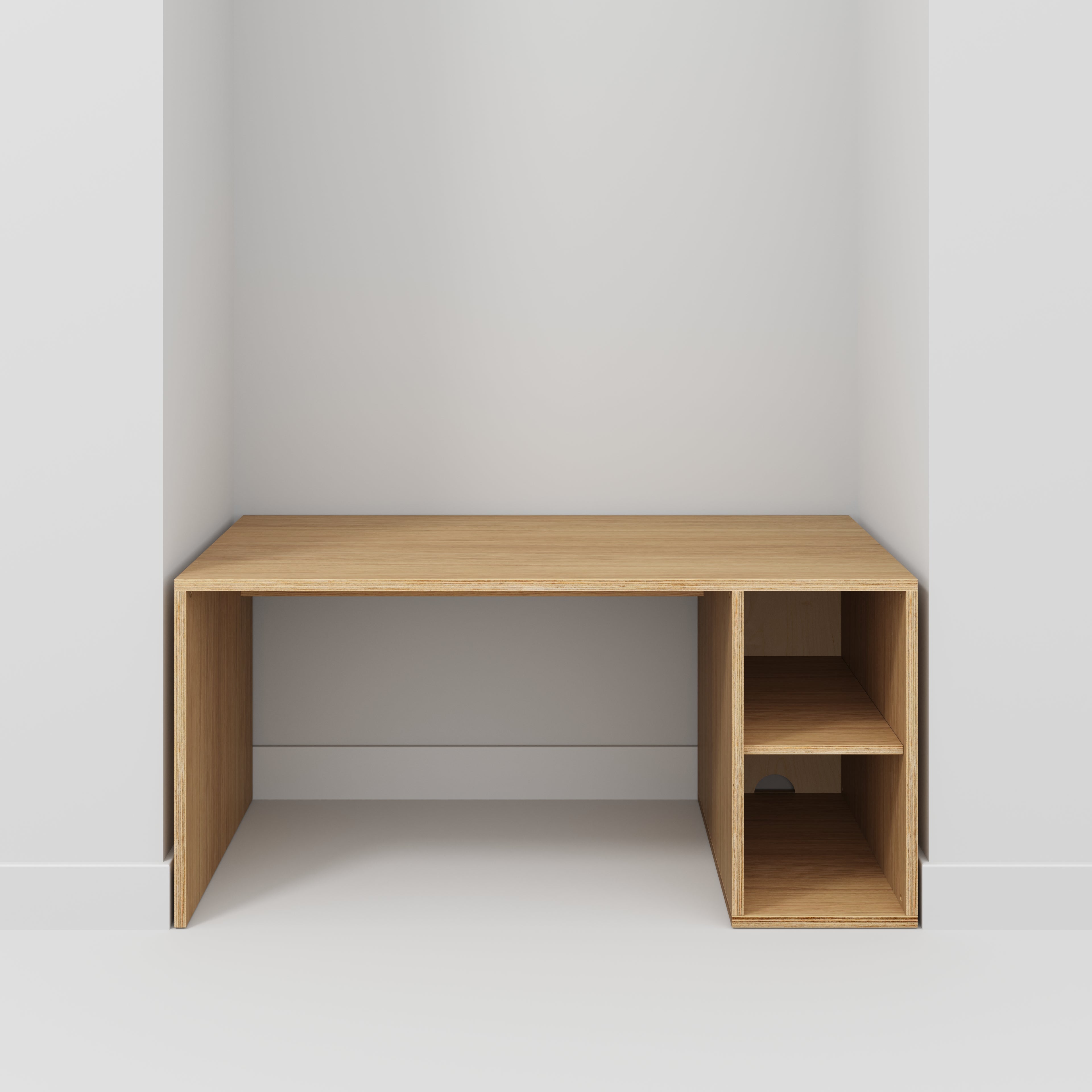 Plywood Desk with Storage Type 1 RH - Open Shelves - Plywood Oak - 1600(w) x 800(d) x 750(h)