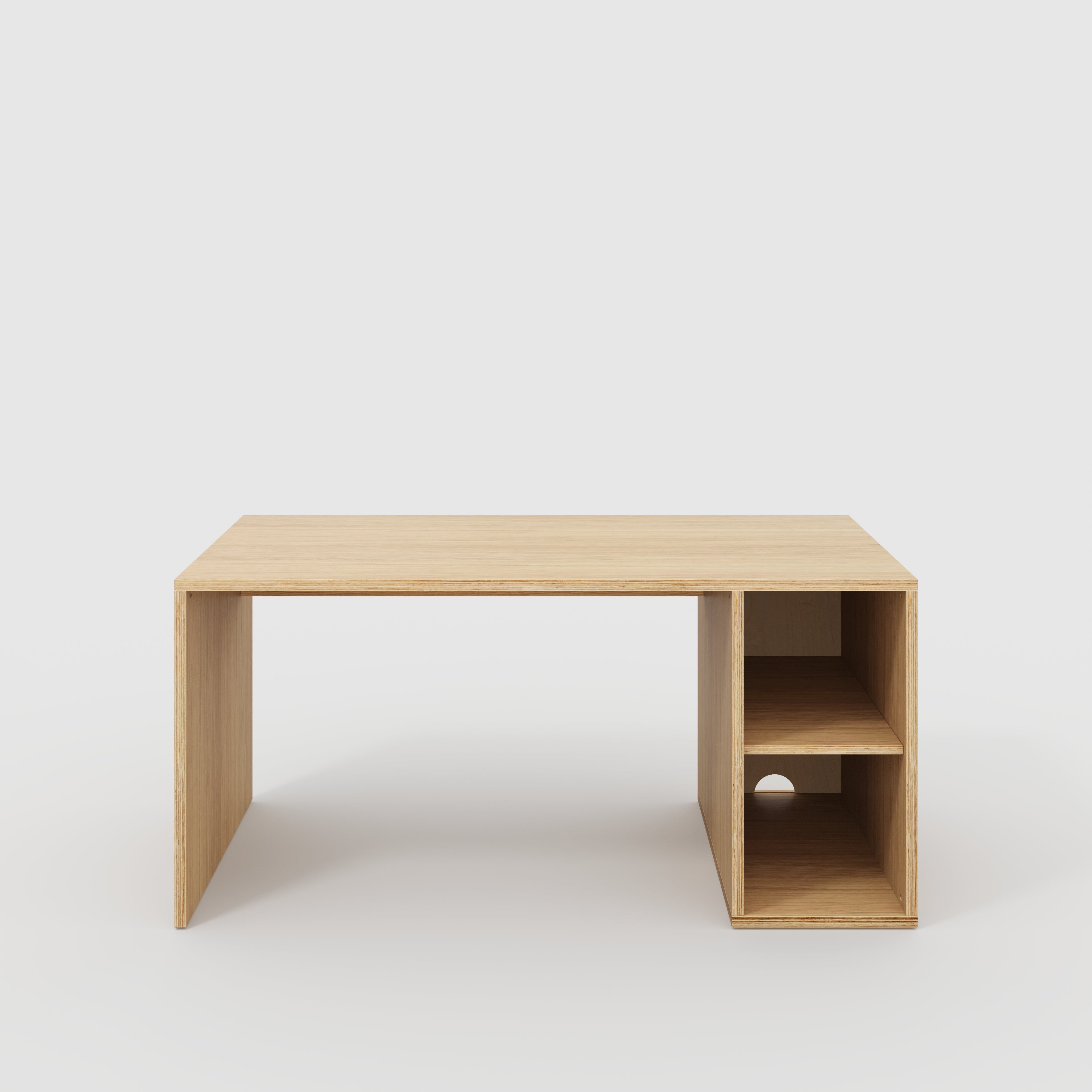 Plywood Desk with Storage Type 1 RH - Open Shelves - Plywood Oak - 1600(w) x 800(d) x 750(h)