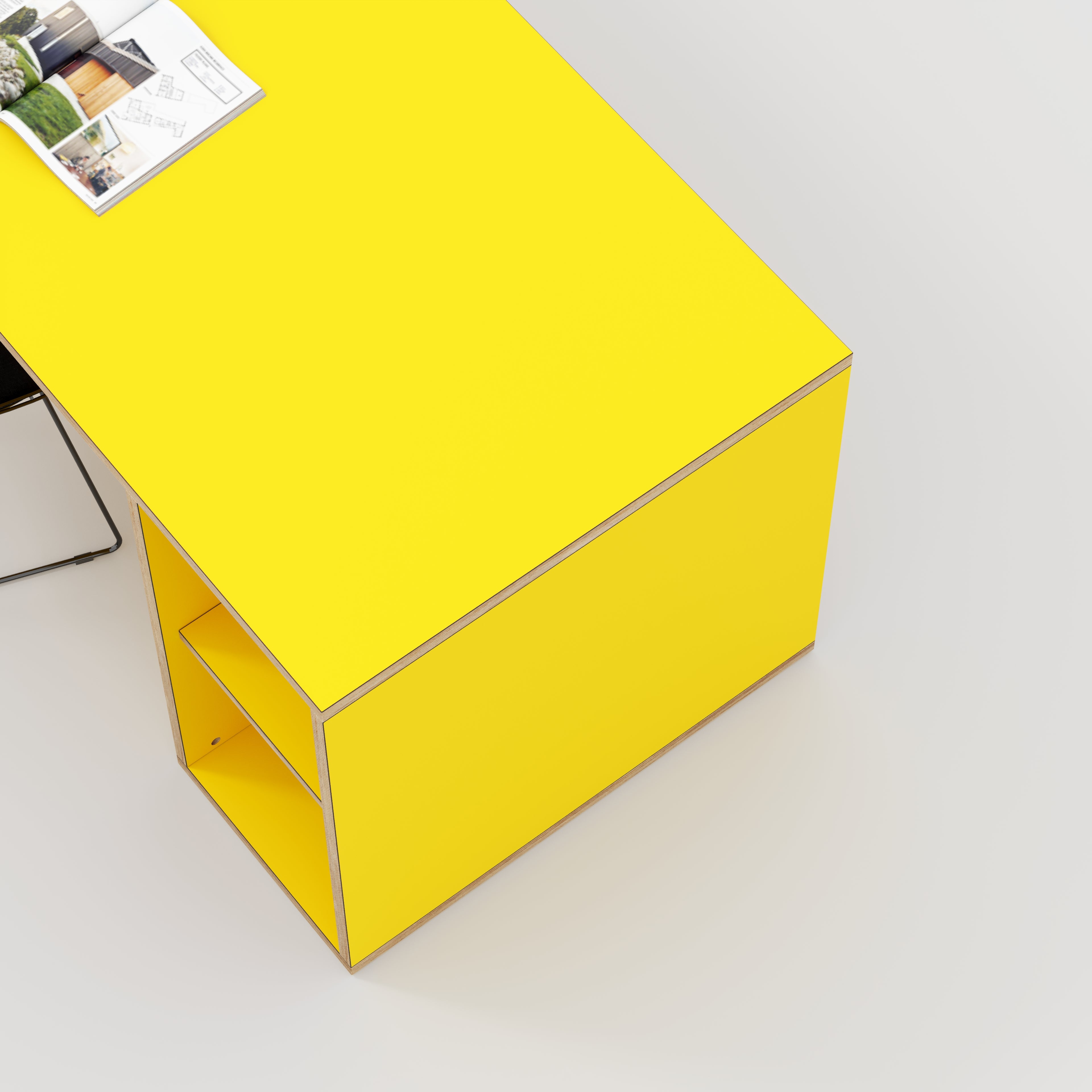 Plywood Desk with Storage Type 1 RH - Open Shelves - Formica Chrome Yellow - 2000(w) x 800(d) x 750(h)