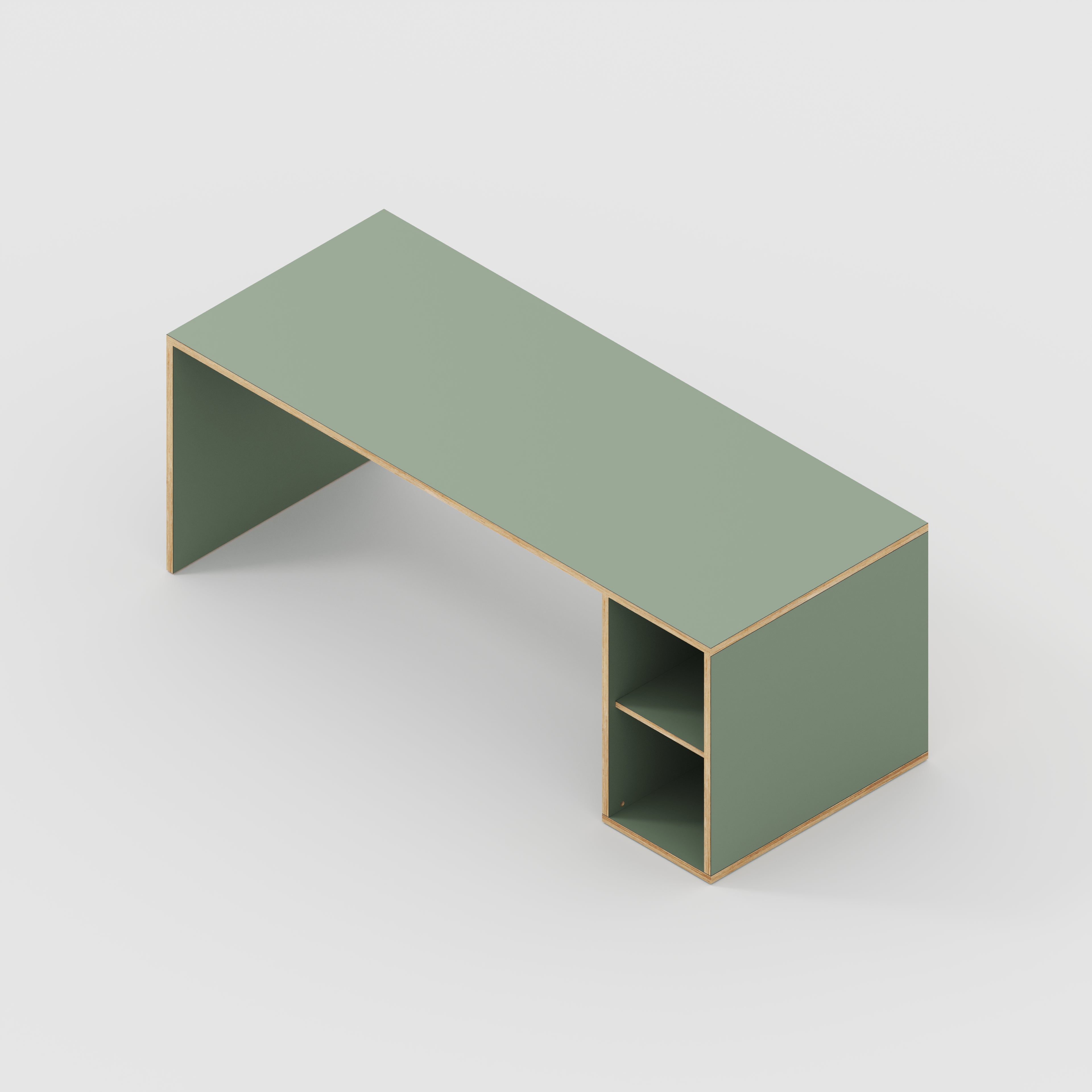 Plywood Desk with Storage Type 1 RH - Open Shelves - Formica Green Slate - 2000(w) x 800(d) x 750(h)