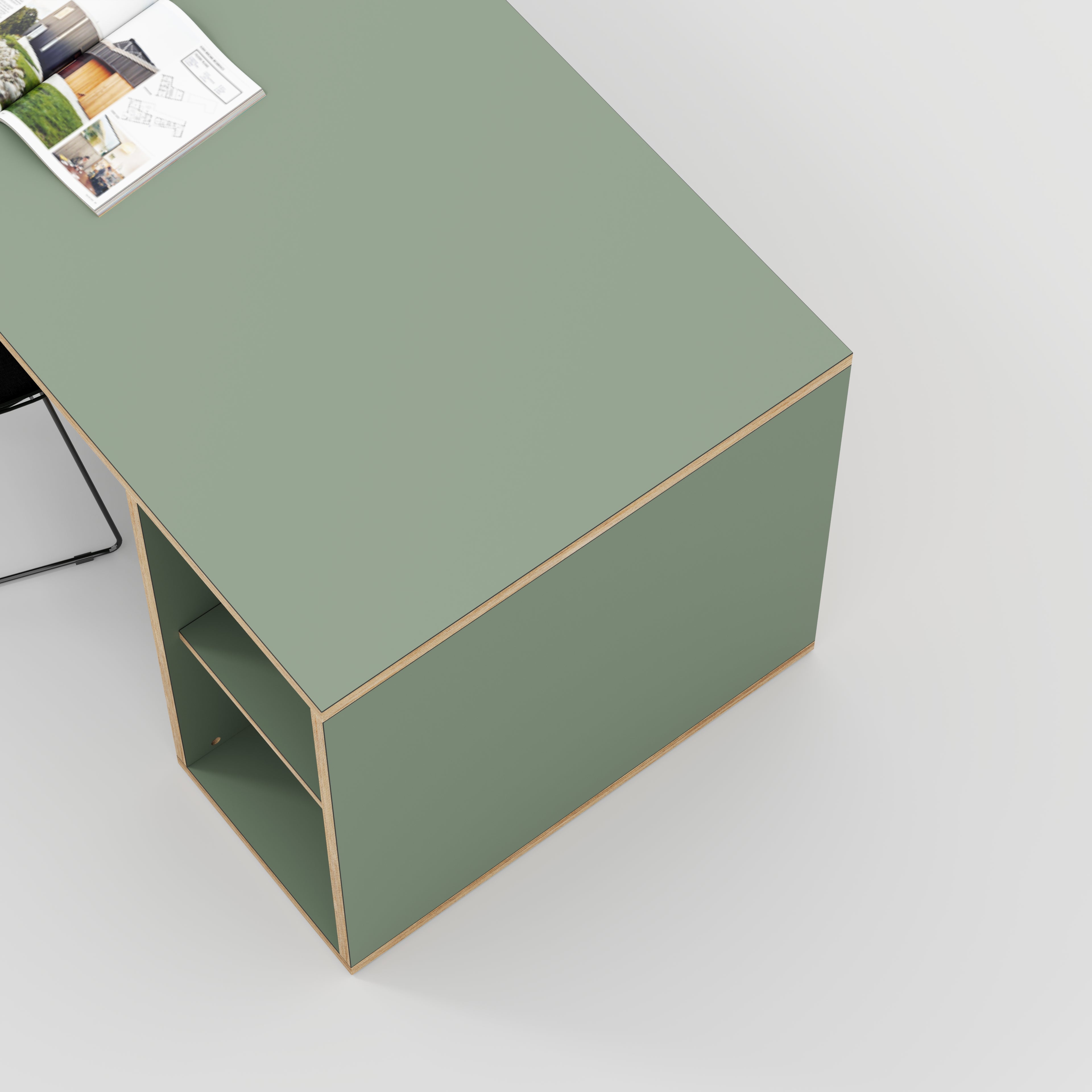 Plywood Desk with Storage Type 1 RH - Open Shelves - Formica Green Slate - 2000(w) x 800(d) x 750(h)