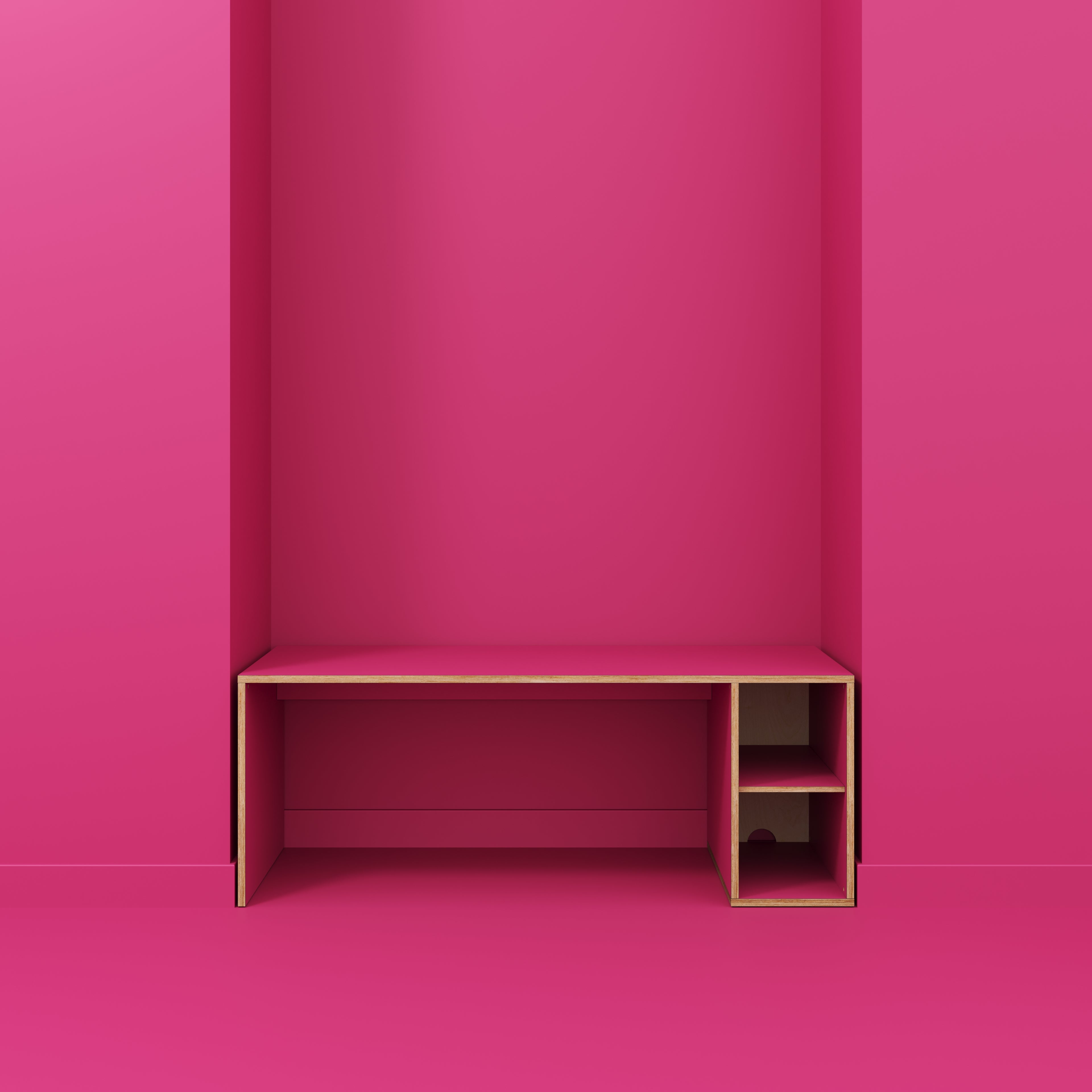 Plywood Desk with Storage Type 1 RH - Open Shelves - Formica Juicy Pink - 2000(w) x 800(d) x 750(h)