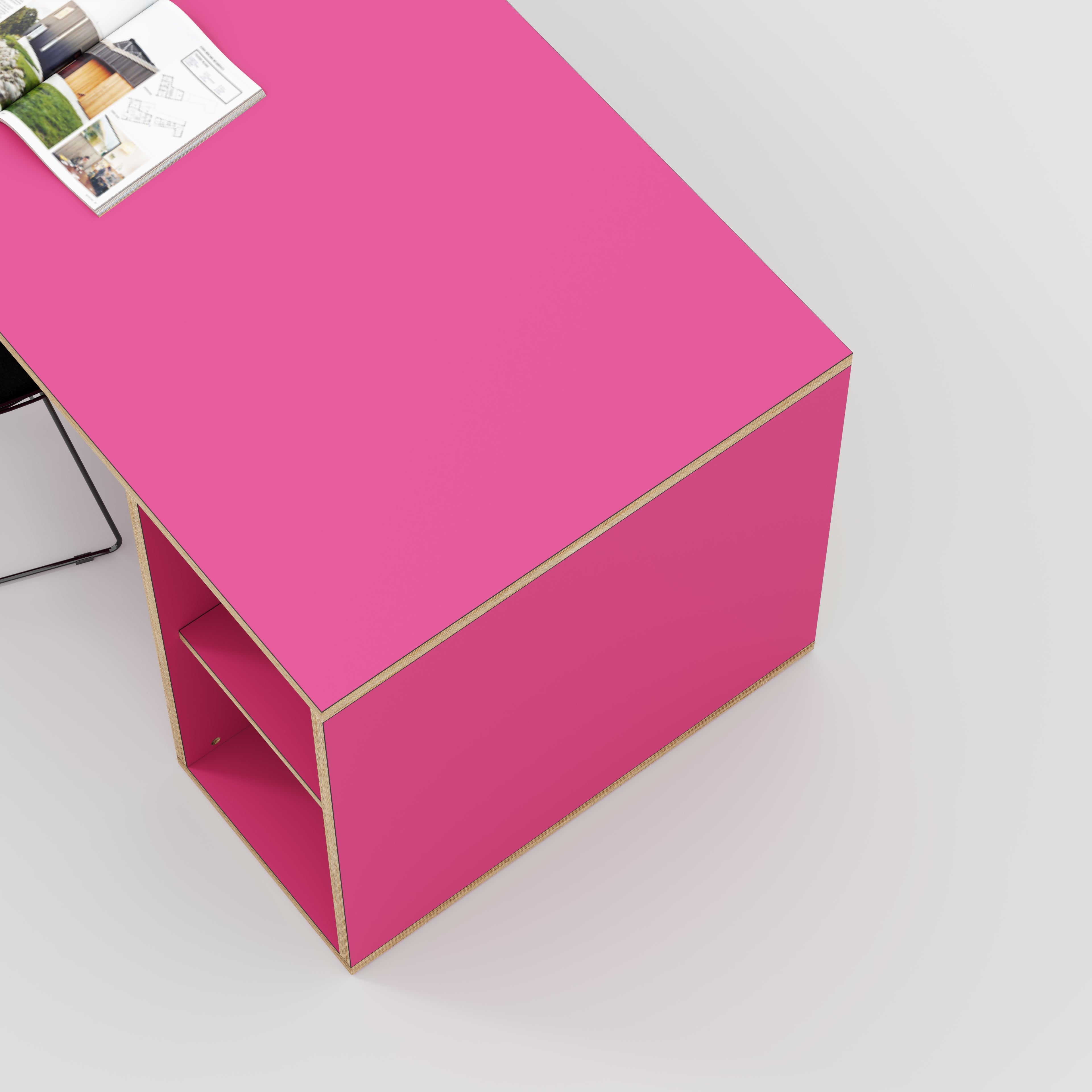 Plywood Desk with Storage Type 1 RH - Open Shelves - Formica Juicy Pink - 2000(w) x 800(d) x 750(h)