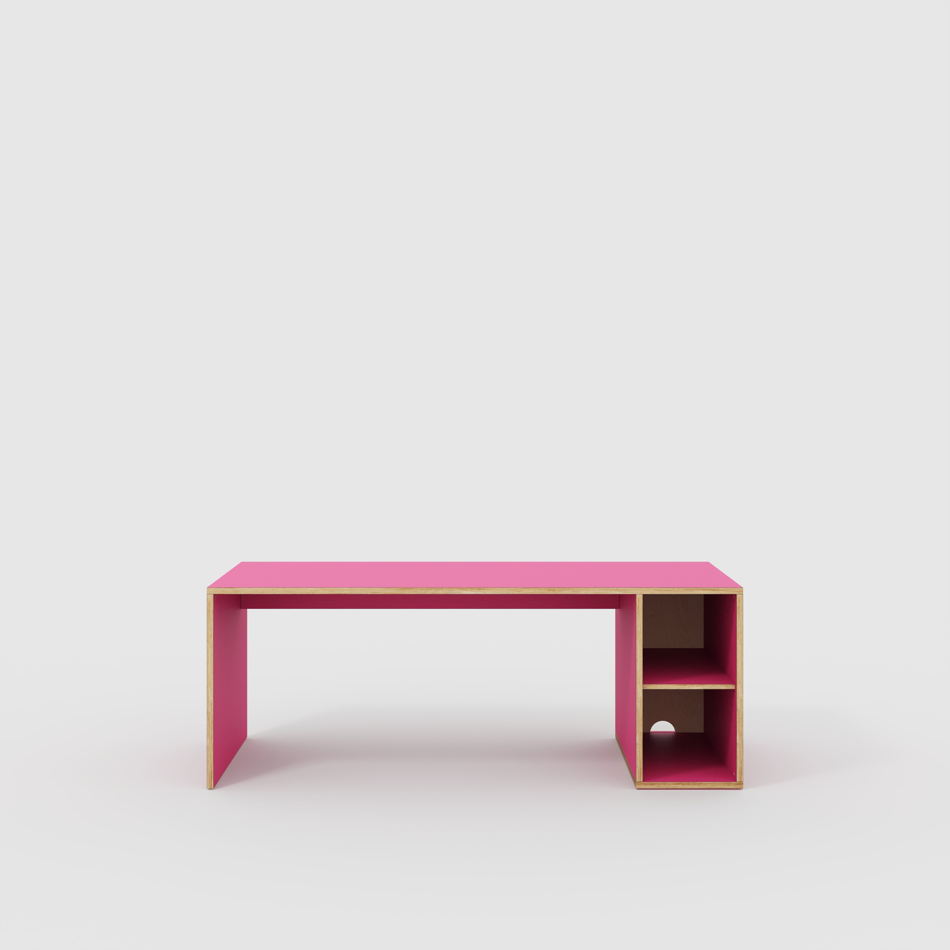 Plywood Desk with Storage Type 1 RH - Open Shelves - Formica Juicy Pink - 2000(w) x 800(d) x 750(h)