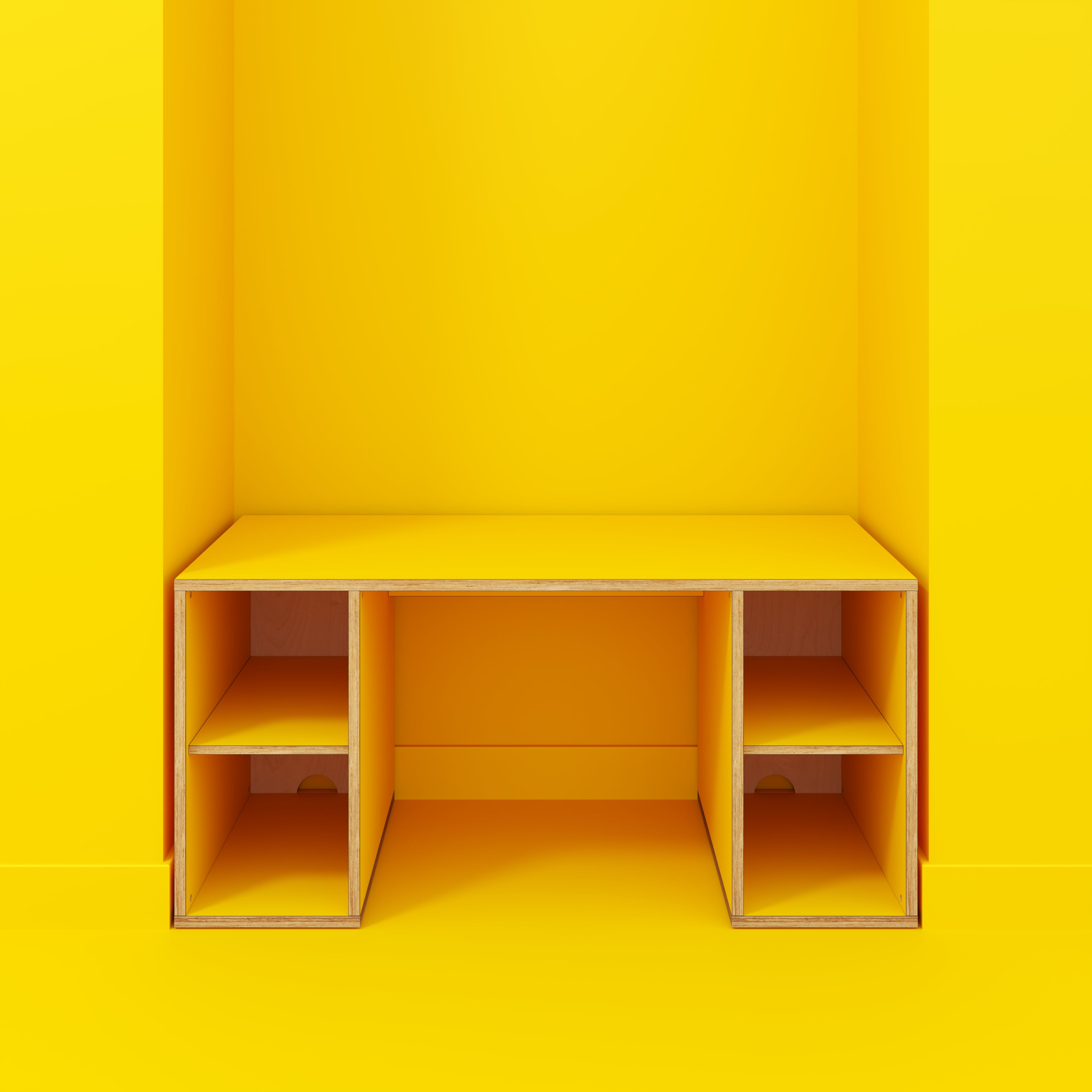 Plywood Desk with Storage Type 2 - Open Shelves - Formica Chrome Yellow - 1600(w) x 800(d) x 750(h)