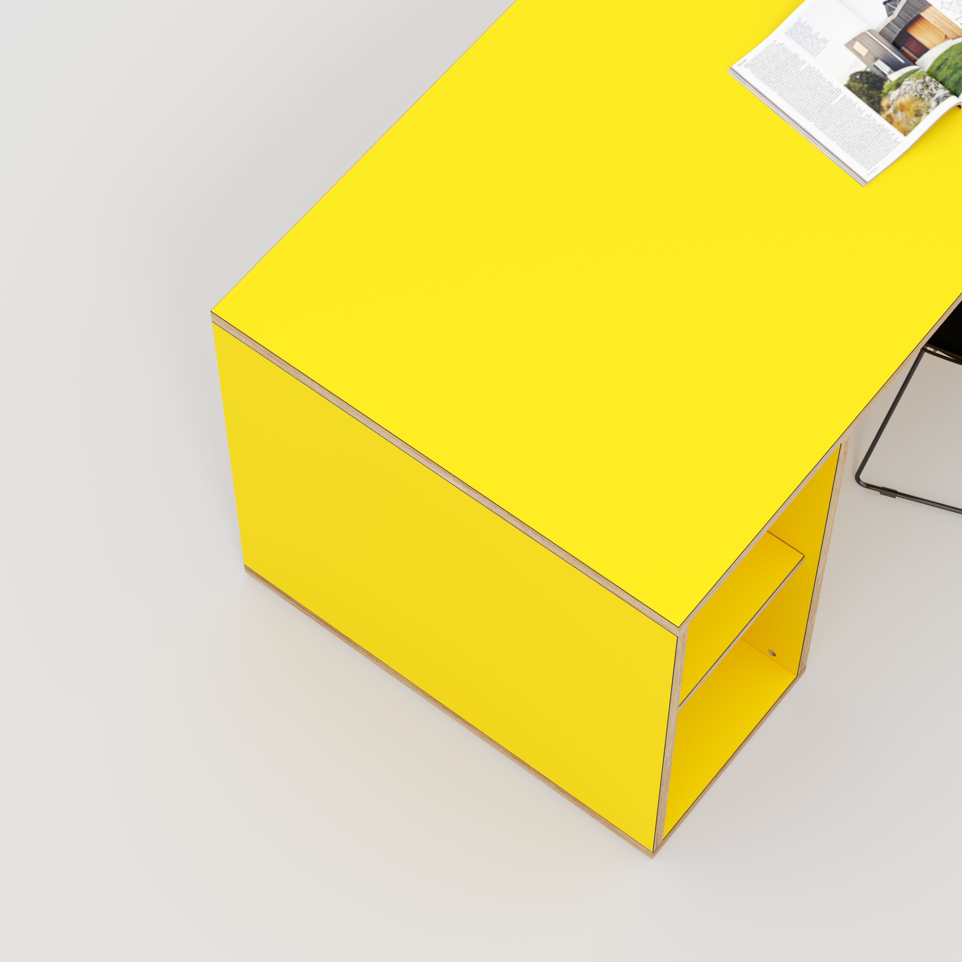 Plywood Desk with Storage Type 2 - Open Shelves - Formica Chrome Yellow - 1600(w) x 800(d) x 750(h)