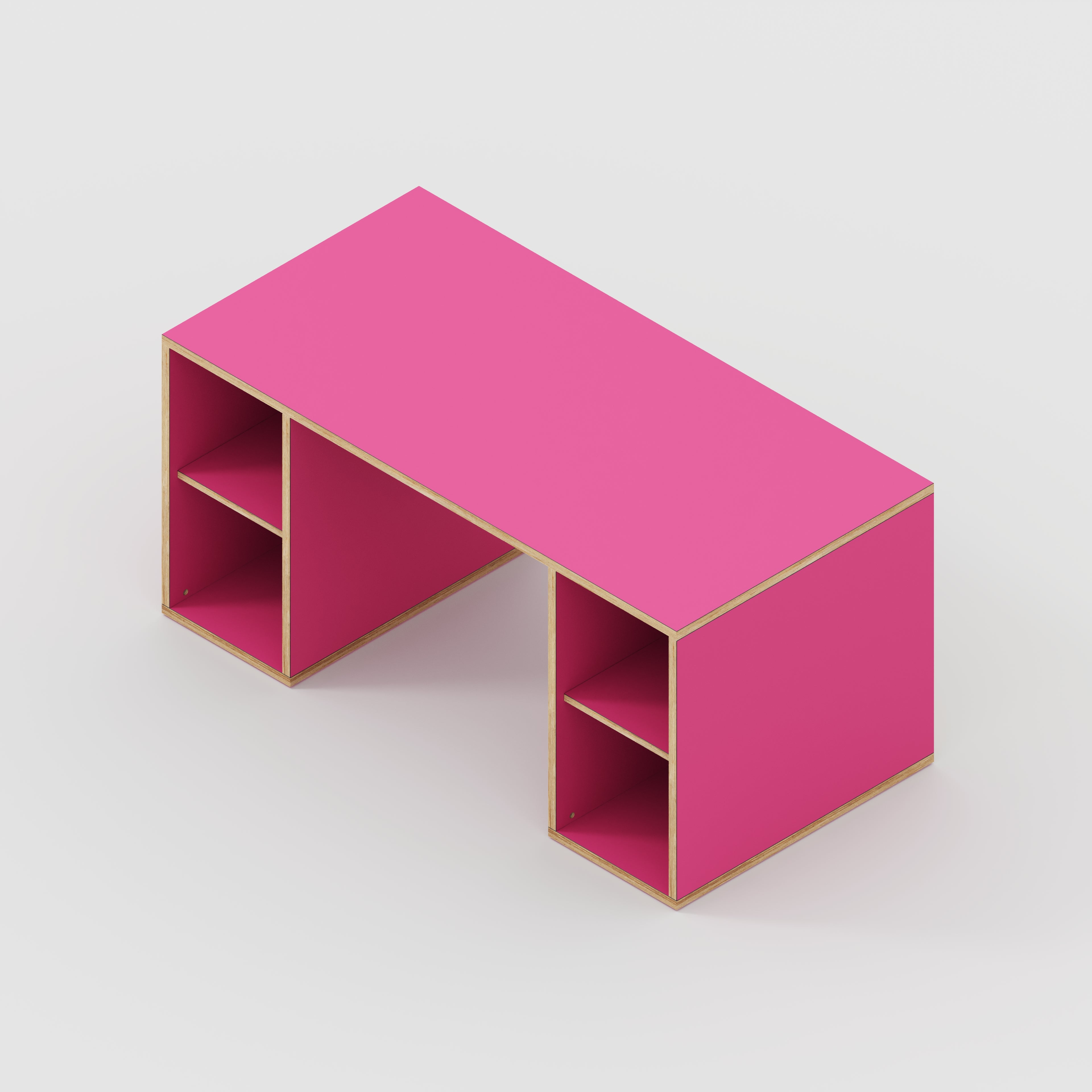 Plywood Desk with Storage Type 2 - Open Shelves - Formica Juicy Pink - 1600(w) x 800(d) x 750(h)