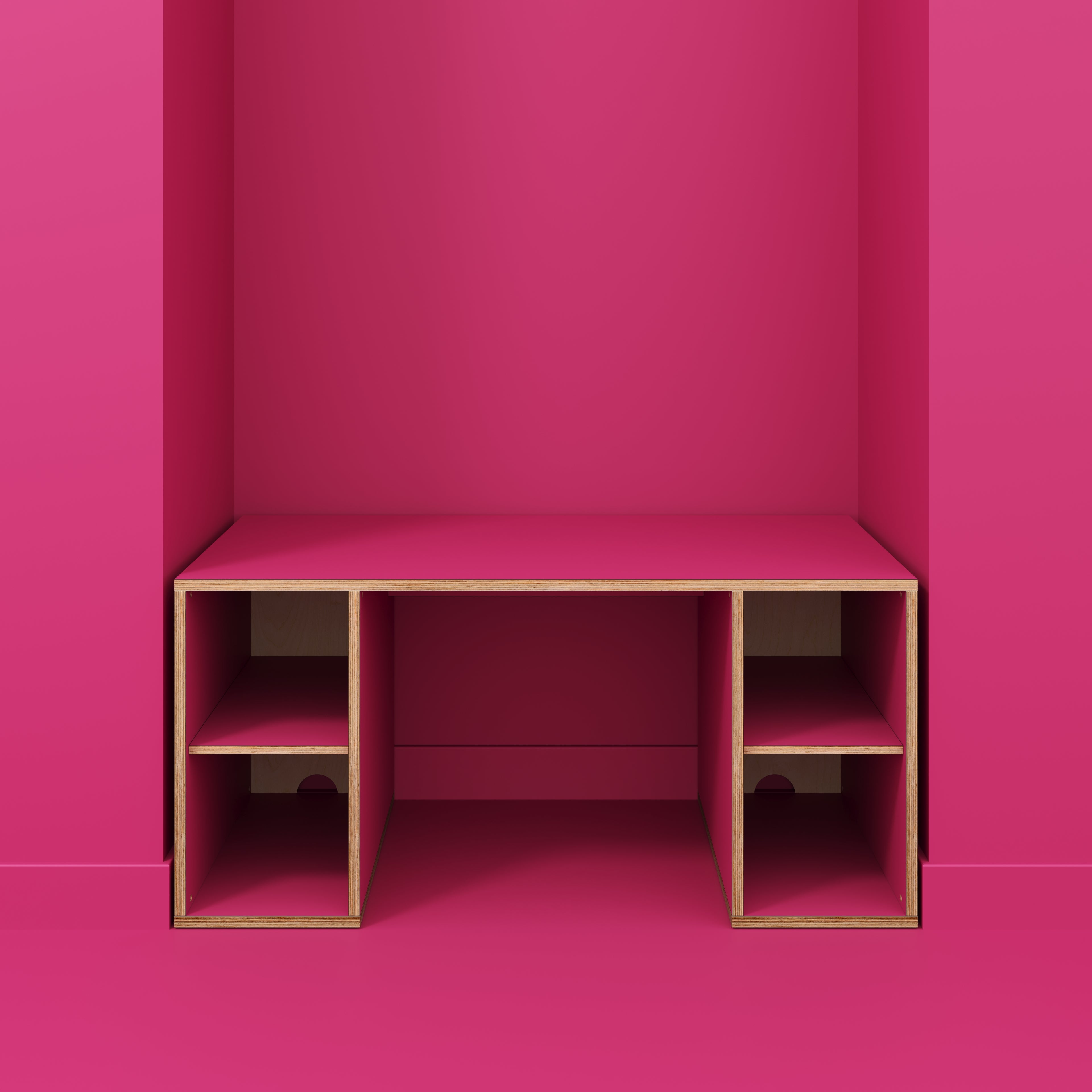 Plywood Desk with Storage Type 2 - Open Shelves - Formica Juicy Pink - 1600(w) x 800(d) x 750(h)