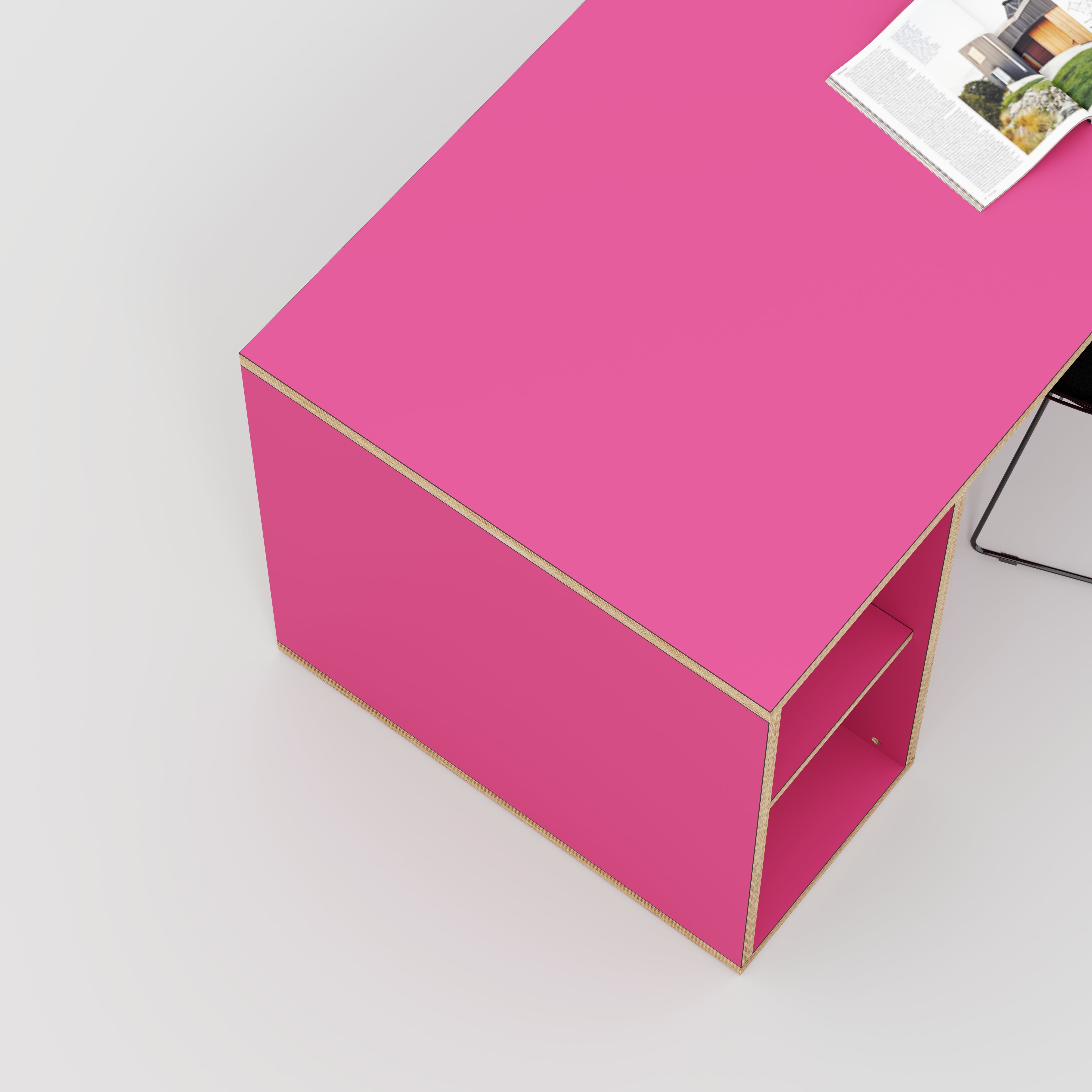 Plywood Desk with Storage Type 2 - Open Shelves - Formica Juicy Pink - 1600(w) x 800(d) x 750(h)