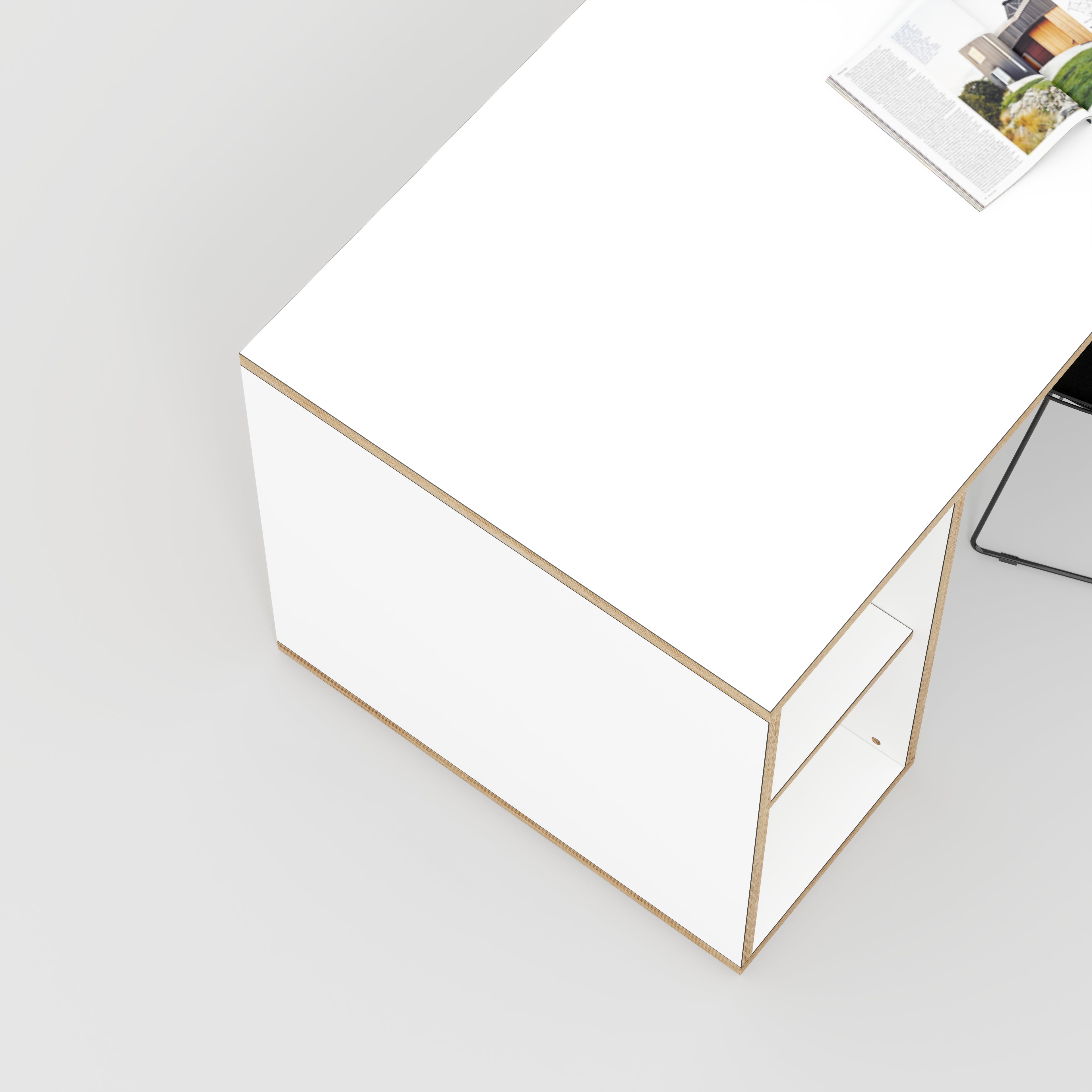 Plywood Desk with Storage Type 2 - Open Shelves - Formica White - 1600(w) x 800(d) x 750(h)