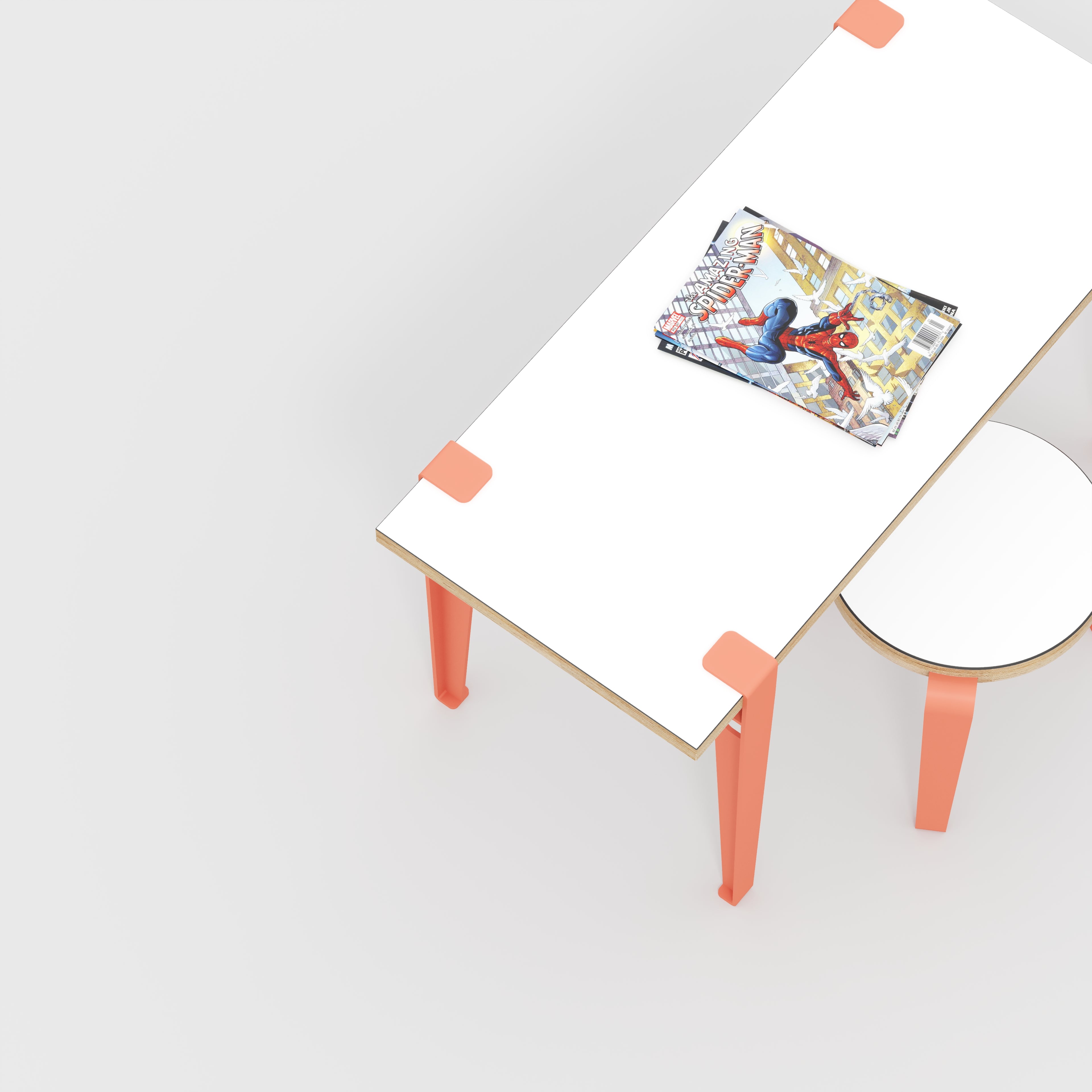 Plywood Kids Desk with Flamingo Pink Tiptoe Legs - Formica White - 800(w) x 400(d) x 500(h)