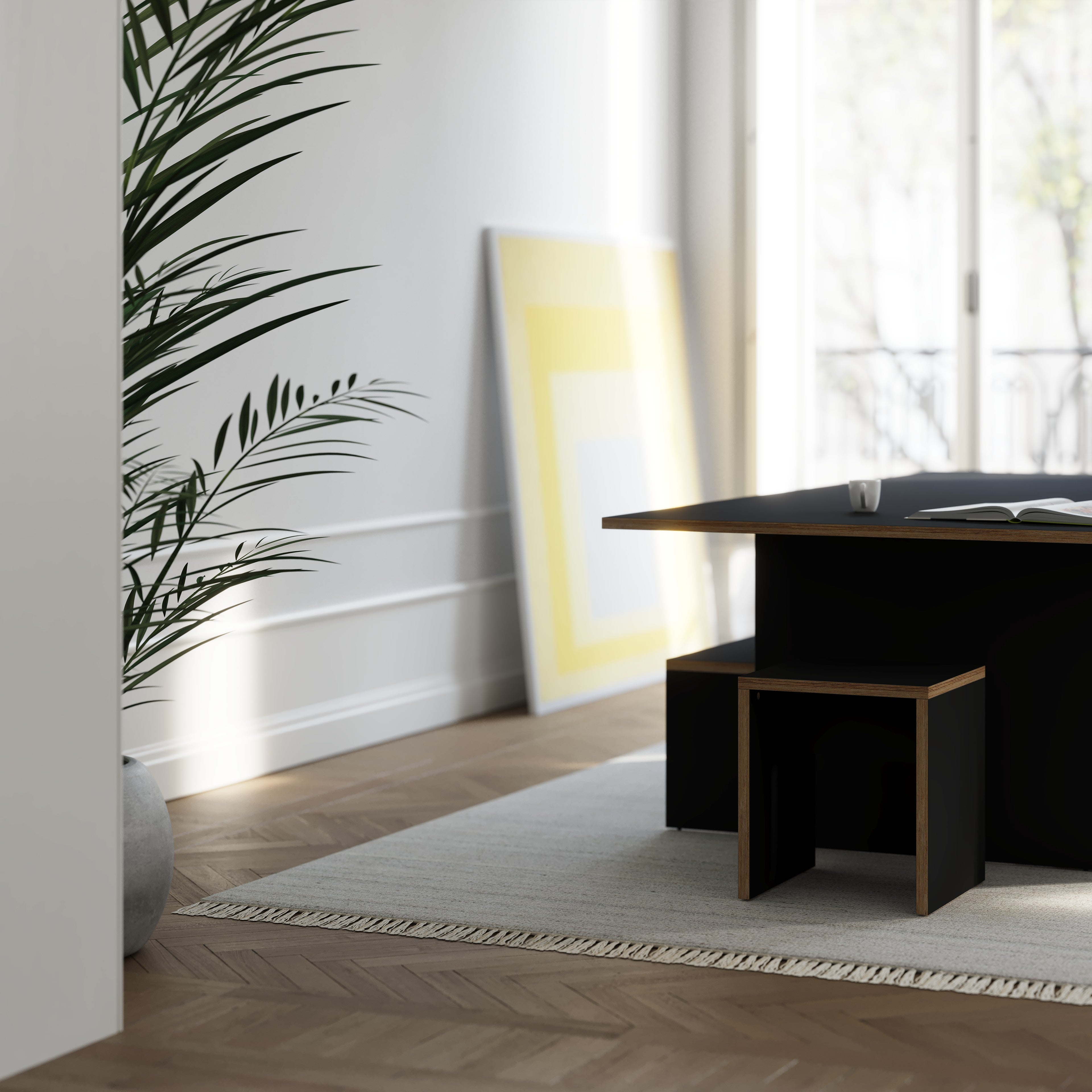 black dining table and bench seating